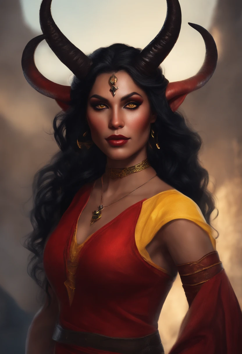 Female Tiefling with long black hair and spiral horns. She has black eyes, red skin with yellow freckles.