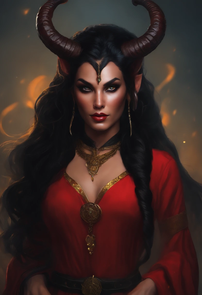 1girl, female, solo, tiefling, ((red skin, red colored skin, deep red skin)), Woman, jewelery, ear piercings, (straight black horns, black oni horns), black hair, long hair, yellow eyes, black lips, choker, goth, horn ornament, armour, ((master piece, best quality)), horns, pointed ears, make-up, black lipstick, (face detailed), face focus, portrait, fully body, (kimono:1.2), wearing black kimono, long flowing kimono, natural breasts, medium breasts, (red skin)