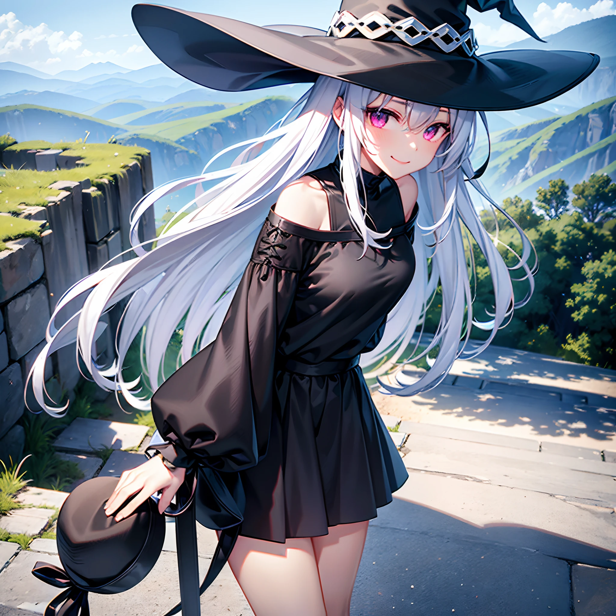 A mysterious Western-style otherworldly town、Standing Girl、Black coat、white t-shirt、a black skirt、beautiful thigh、Beautiful calves、Rob hair with white hair color with blue-violet mesh、Looking at me with a smile、Black sneakers with white shoelaces、Large witch hat with sapphire accessories、Red eyes with highlights、On a hilltop with a panoramic view of the town