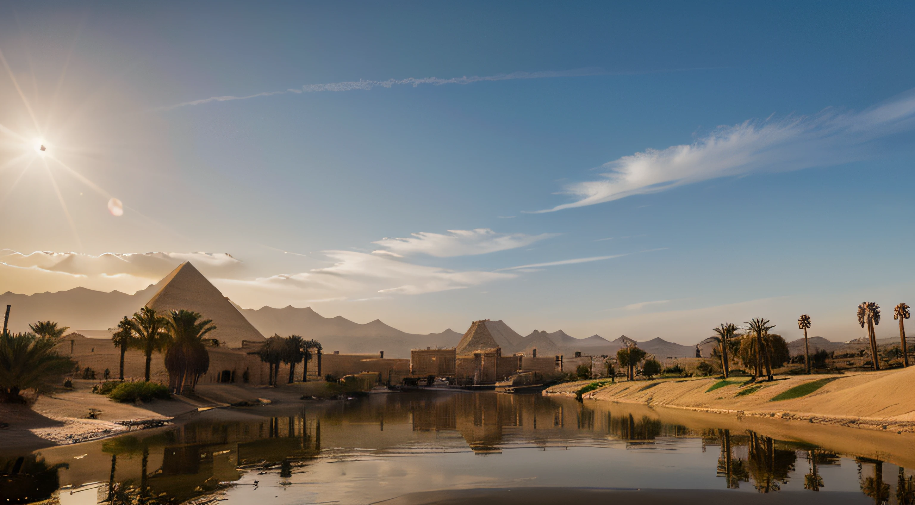 Masterpieco,high quality photo,egyptian landscape,palm forest,papyrus plants,sky with a few clouds,masterpiece:1.2,ultra-detailed,realistic,sumptuous colors,warm lighting,enchanting atmosphere,soft shadows,impressive pyramid,sphinx in the distance,ancient ruins,reflected in the calm river,hieroglyphics,pharaoh's tomb,hint of mystery,distant desert horizon,silhouettes of camels,serene and timeless scenery