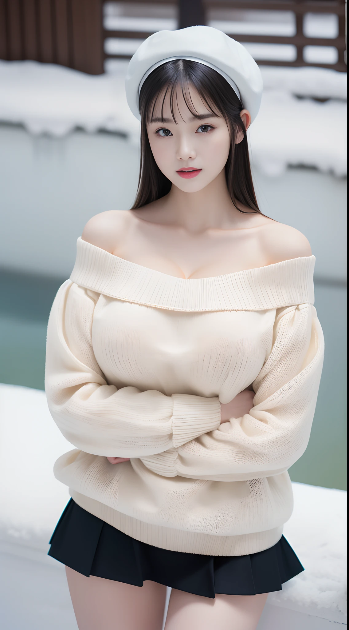 (lifelike,high resolution:1.3), A slim girl, The face shape and eyes are super delicate,black hair,red glossy lips,(beautiful face), (best quality), (Super detailed), (Extremely detailed CG unified 8k wallpaper),((tight jumper)),(White background),(A little cleavage),(Model photo),sexy look,big eyes,(standing),(short skirt),Eyes look at the audience,soft breasts,very realistic breasts,Straight chest,Character centered,black hair,Model posing,