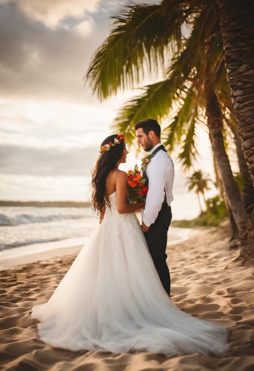 Wedding photo on the beach with palm trees, Man short dark hair, Woman long dark hair