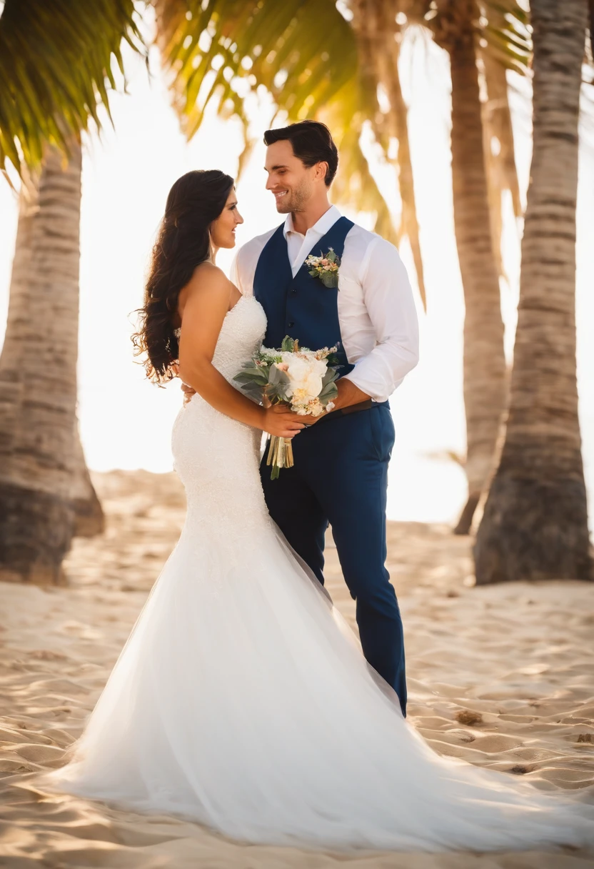 Wedding photo on the beach with palm trees, Man short dark hair, Woman long dark hair