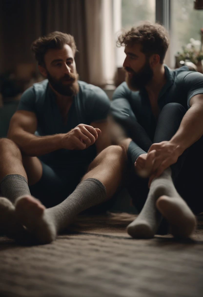 3 hairy guys licking each other in socks