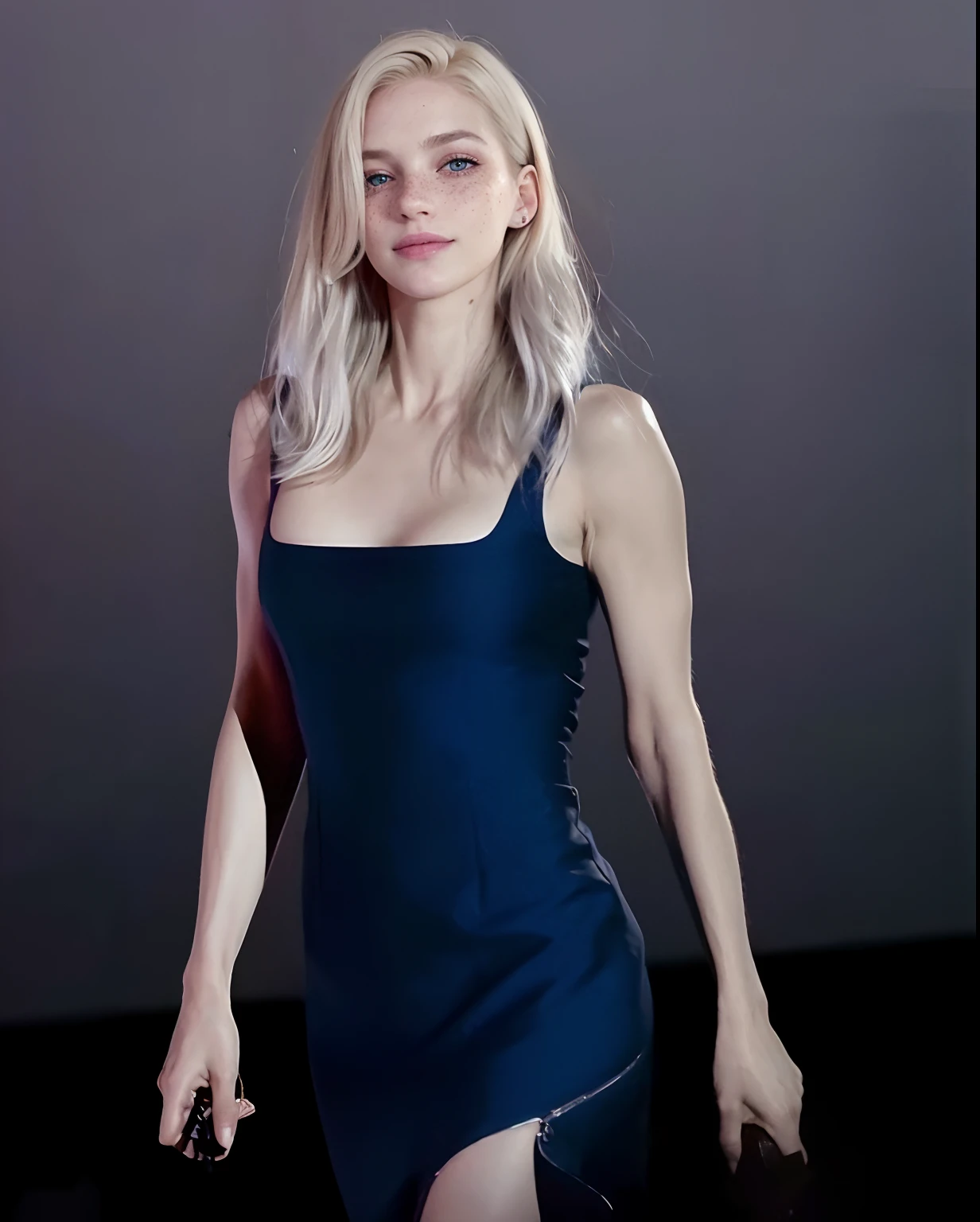 Rosto de uma mulher, americana, 25 anos, pale skin and freckles, olhos cinzas, nariz delicado, soft and delicate lips, cabelo blondie cinza longo e ondulados, sorriso meigo