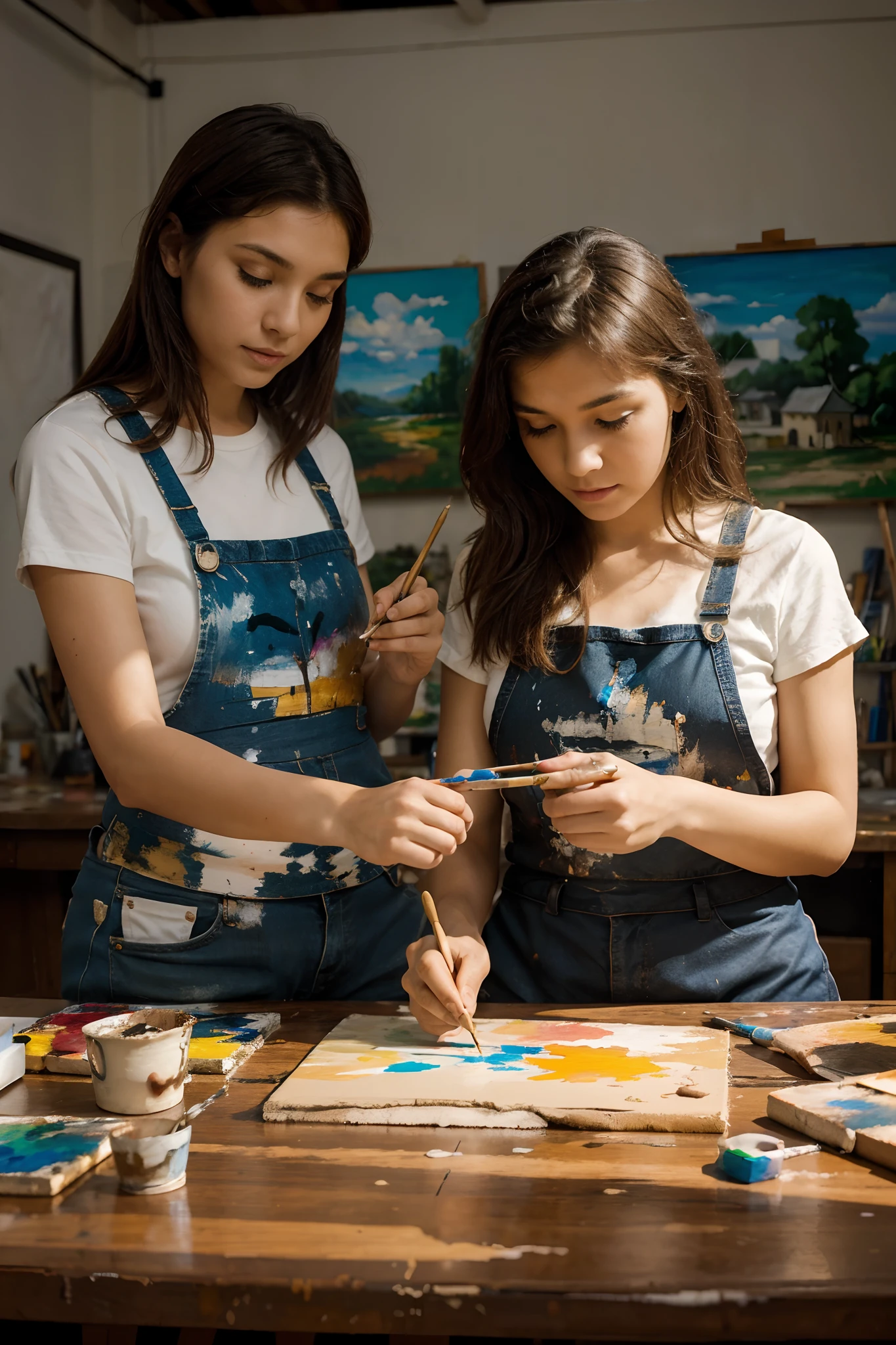 make an image of two women making paintings on a table with paints and brushes in their hands, background like an art workshop