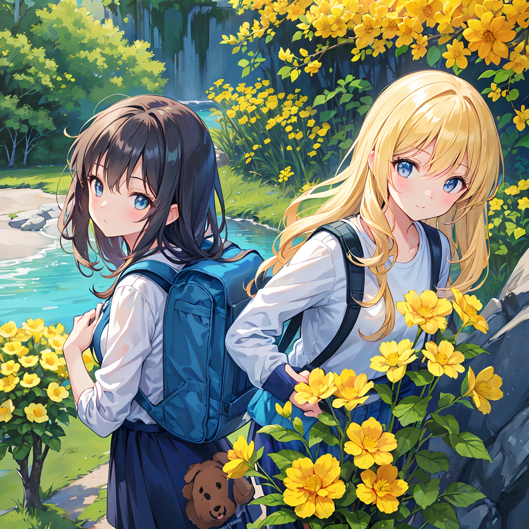 Tip: A very attractive girl with a backpack and a cute puppy、Enjoying a lovely spring outing surrounded by beautiful yellow flowers and nature. The illustration is a high-definition illustration in 4K resolution, featuring highly detailed facial features and cartoon-style visuals.