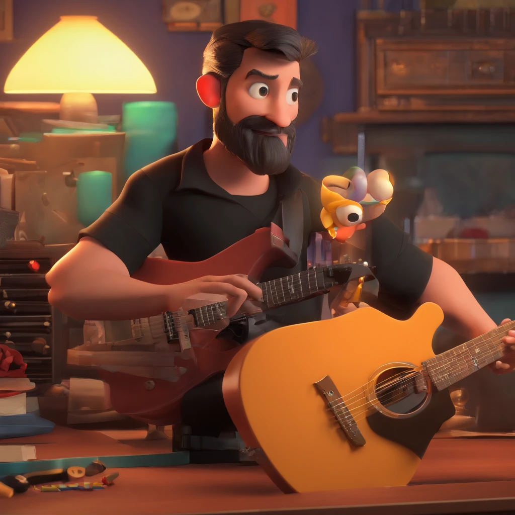 Disney Pixar Style Poster, singer guitar in convert stage whith band, medium straight hair and beard, black clothes