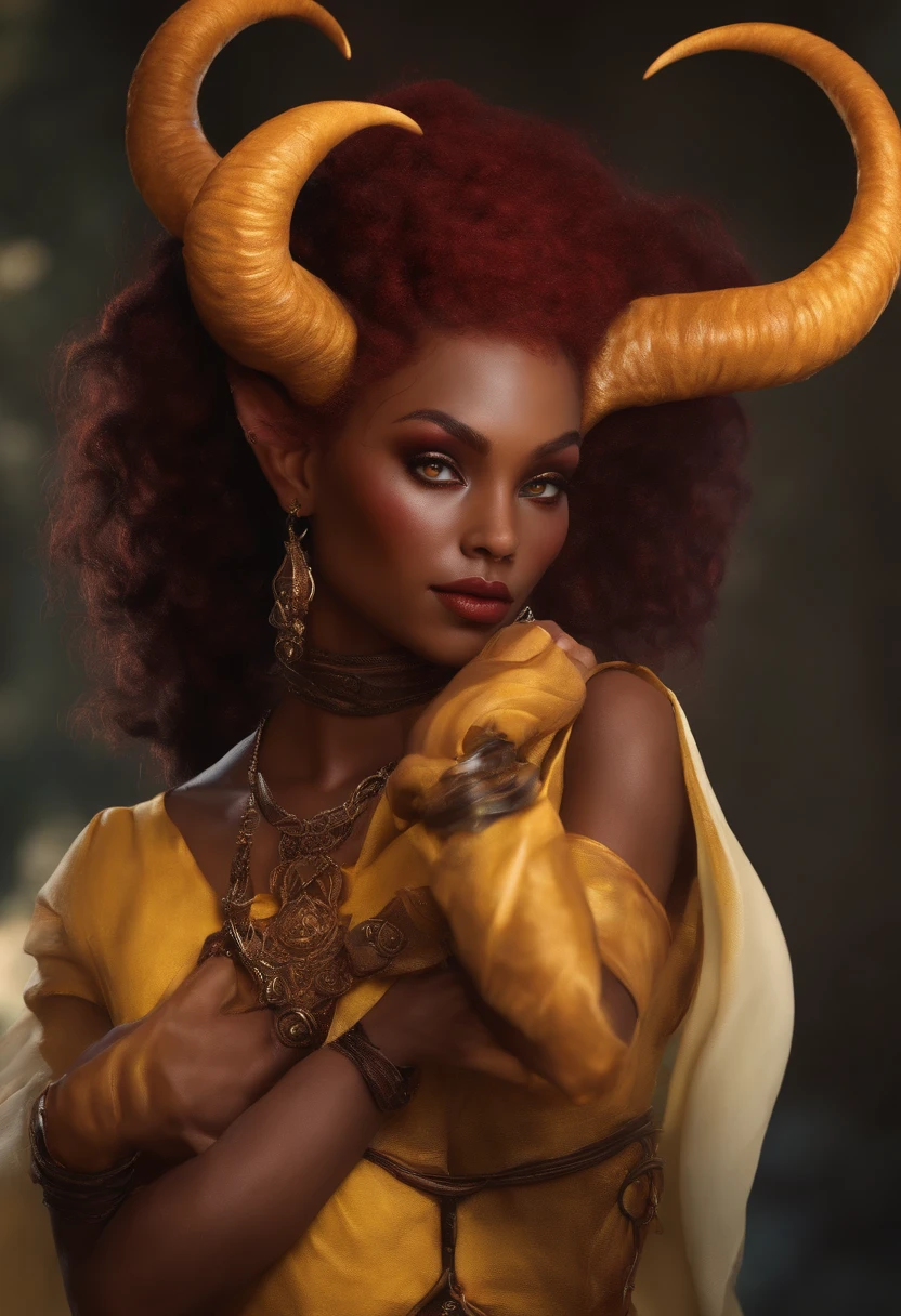 Beautiful and young female Tiefling. Red skin with yellow freckles. Black eyes. Spiral horns.