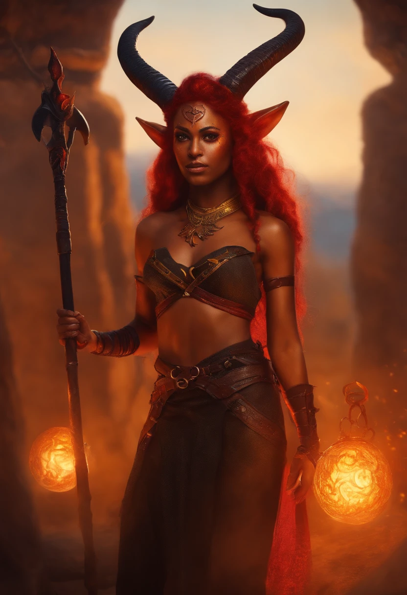 Beautiful and young female Tiefling. Red skin with yellow freckles. Black eyes. Spiral horns.