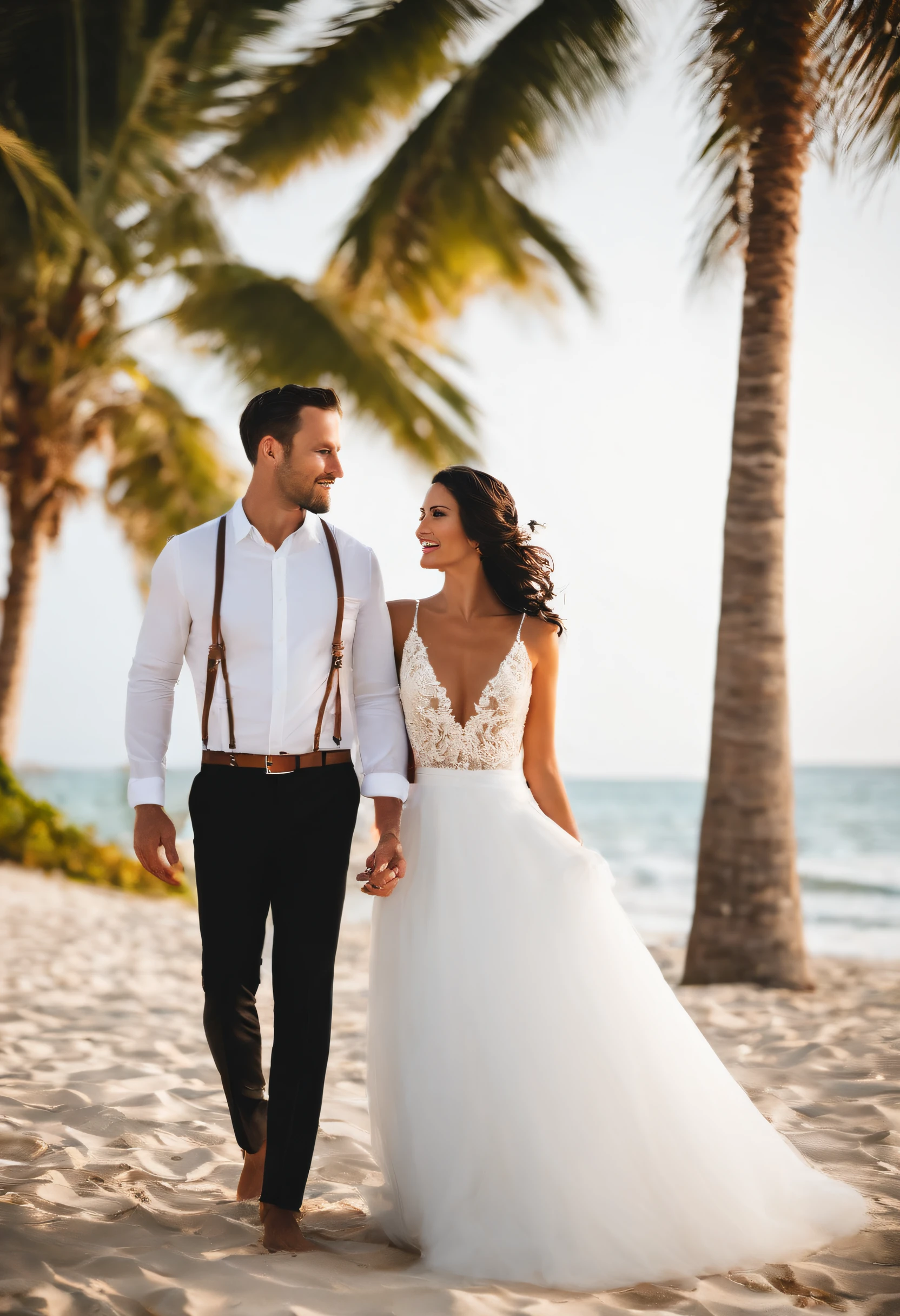 Wedding photo on the beach with palm trees, Man short dark hair, Woman long dark hair