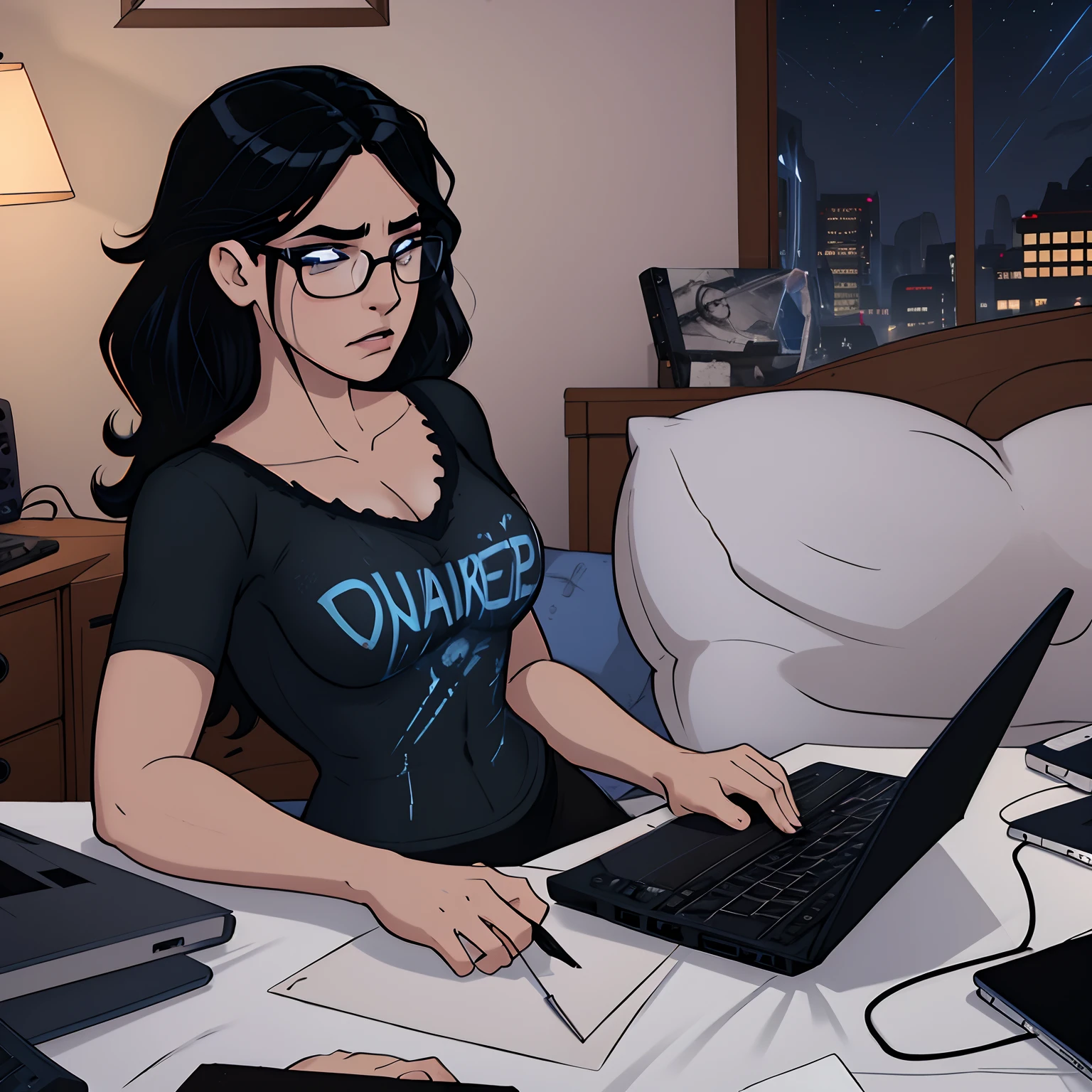 volumetric lighting, low ambient lighting, highres, masterpiece, 8k, (dark blue eyes with dark circles), tired, melancholy, depressed, sad, detailed black hair, (messy hair), long greasy hair, disheveled, unwashed, thick eyebrows, ripped camisole, (wearing glasses), dark dingy messy bedroom, laptop computer, multiple tangled black electrical cables, led lights, warning lights, (night)