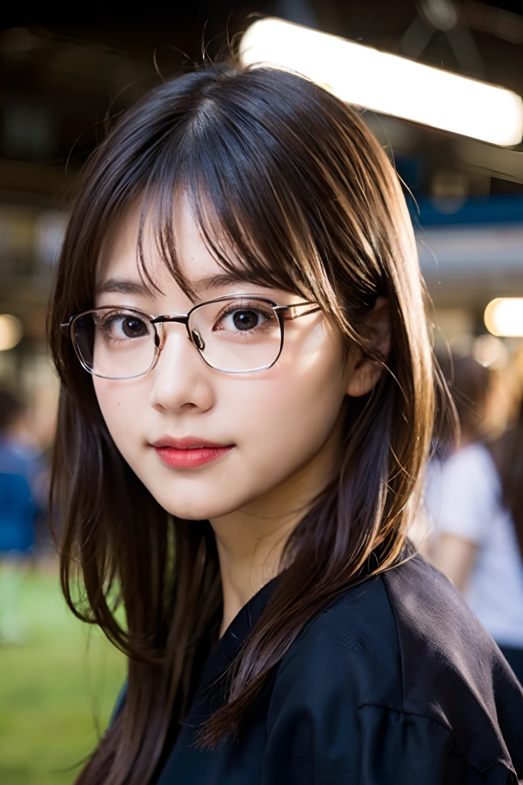 (8K、Raw photography、top-quality、masterpiece:1.2)、(realisitic、Photorealsitic:1.37)、ultra-detailliert、超A high resolution、1人、see the beholder、beautifull detailed face、A smile、Constriction、(Slim waist) :1.3)、short-cut、Beautiful detailed skin、Skin Texture、Floating hair、Professional Lighting、Wait for the platform train、Black-rimmed square glasses 、Whole human body、Brown hair