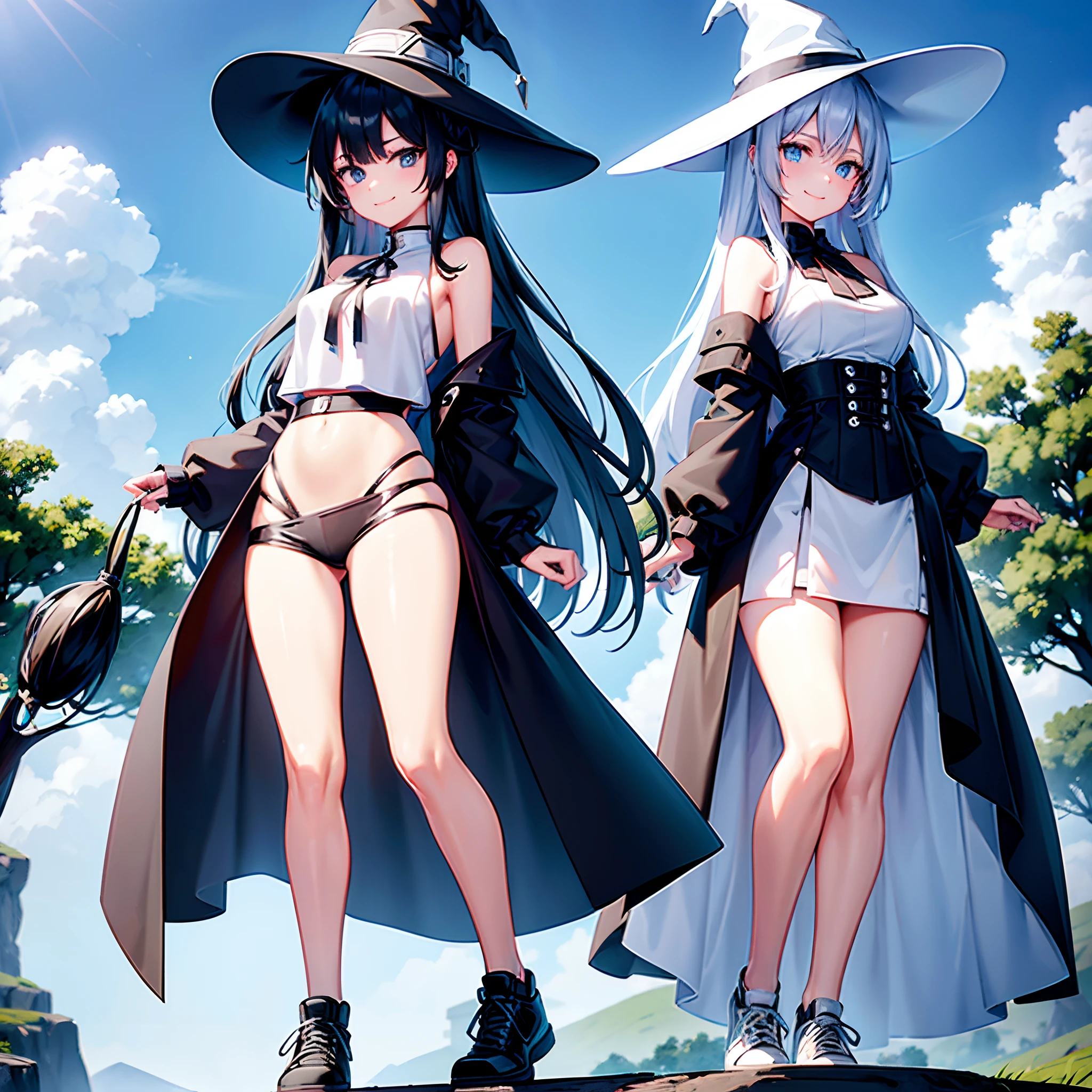 A mysterious Western-style otherworldly town、Standing Girl、Black coat、white t-shirt、a black skirt、beautiful thigh、Beautiful calves、White long bob hairstyle with blue-violet mesh、Looking at me with a smile、Black sneakers with white shoelaces、Large witch hat with sapphire accessories、Dark brown eyes with highlights、On a hilltop with a panoramic view of the town
