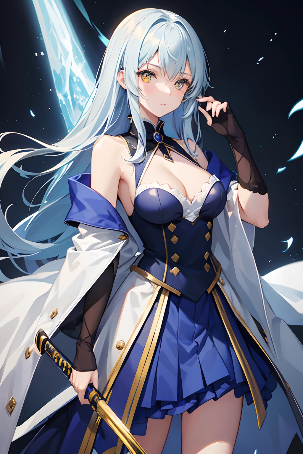 anime , fille cheveux bleu clair et long , yellow eyes with dark yellow pupil with white coat a little short and tight , manche tombante et transparente , deux katana gris dans le dos