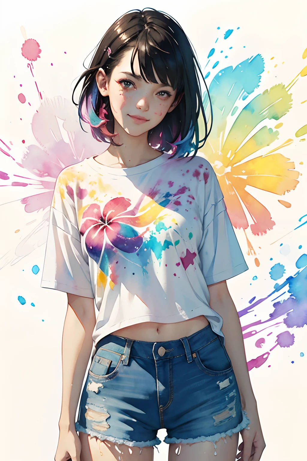 a Plumeria painting with a splatter background and spray paint effect, plumeria flower design t-shirt and jean shorts, upper body centered, multi-color hair, wink, big happy smile, watercolor art, by Agnes cecile, watercolor painting, watercolor painting style, watercolor detailed art, by Reuben Tam, watercolor digital painting, watercolor paint, masterfully detailed watercolor, watercolor art, Greg Rutkowski