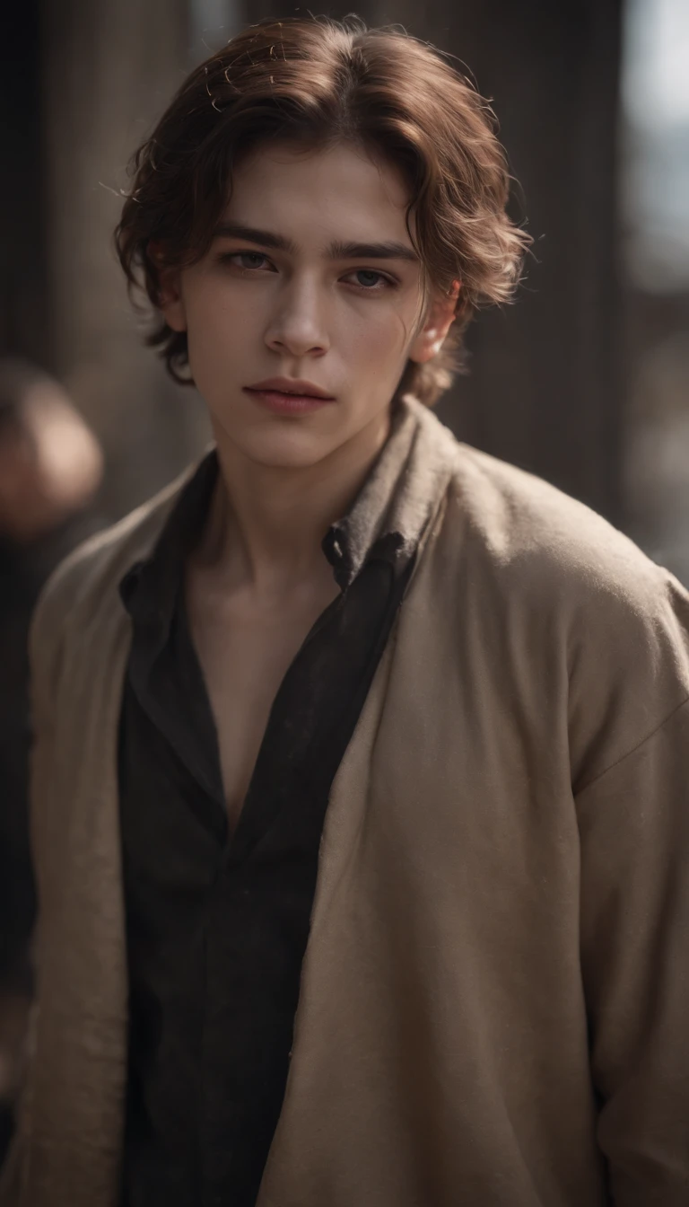 (8K, Raw photos, The best picture quality, Masterpieces, : 1.2), (Realistic, Photorealistic: 1.37), young man, Small frame, open body, Stylish clothes, bruised, Messy hair, Cinematic lighting, Chained, restrained, dungeon, Young girl, wet skin, ultra realistis, r
