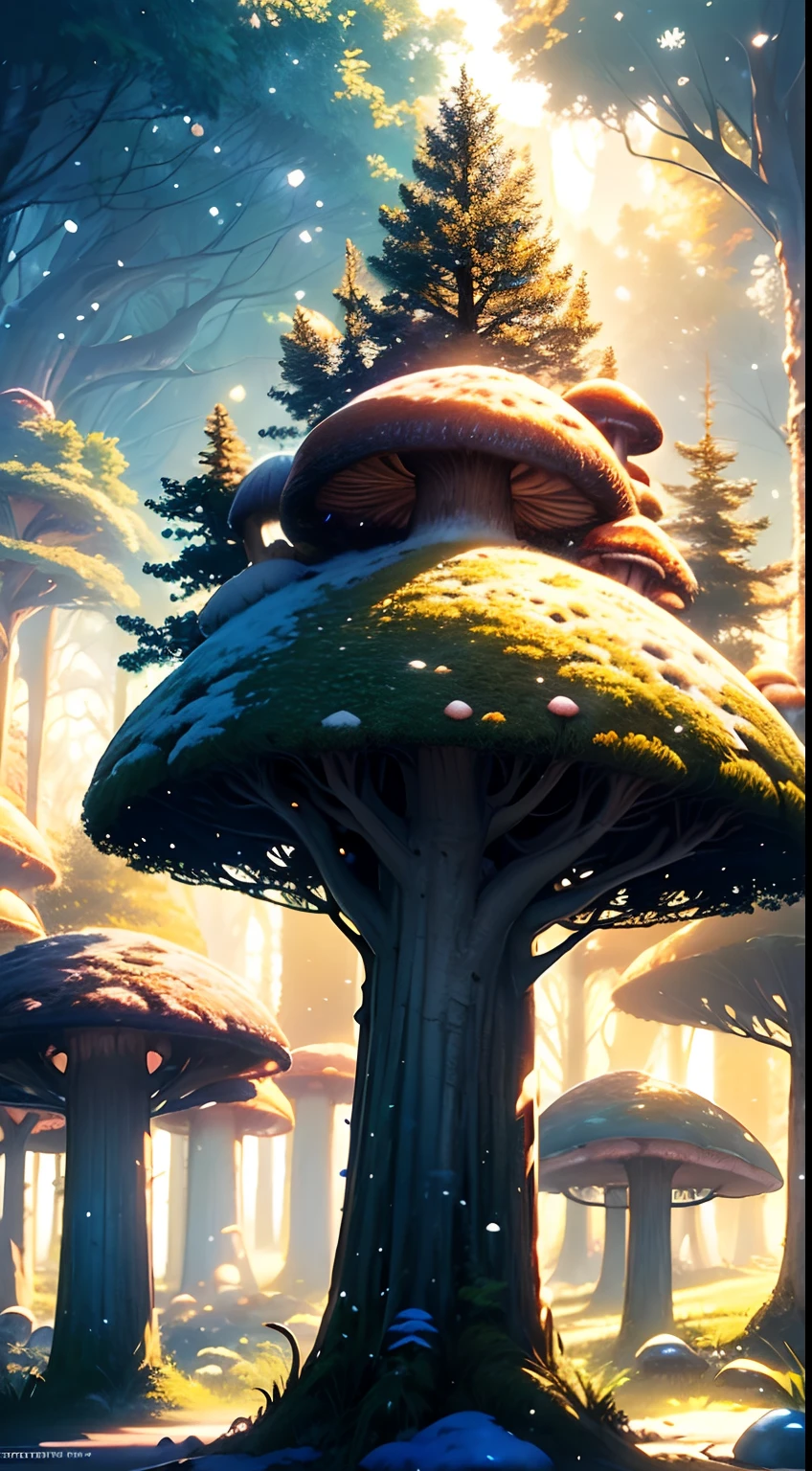 (masterpiece), A magical florest, gorgeous landscape with strange trees, the trees have a magical glow, adventure, cold , snow, (florest:1.3),cinematic, mushrooms, (Cinematic Digital Artwork:1.3), (ciano glow:1.3), artstation, fantasy, dark, (golden light)