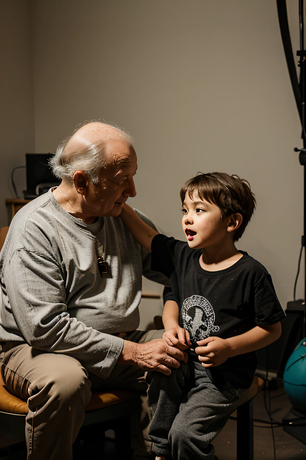 Studio with an elderly man and a  talking