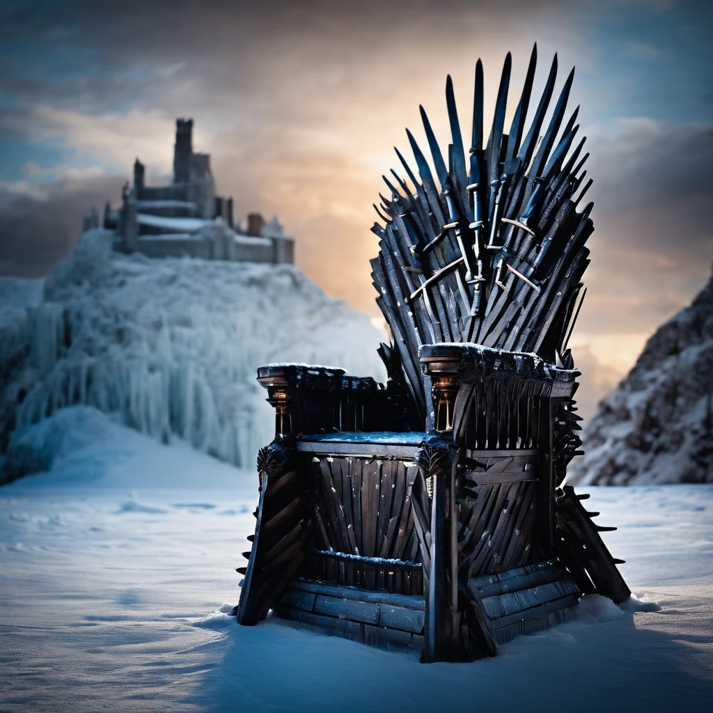 Image of the Iron Throne made of ice hockey sticks instead of swords