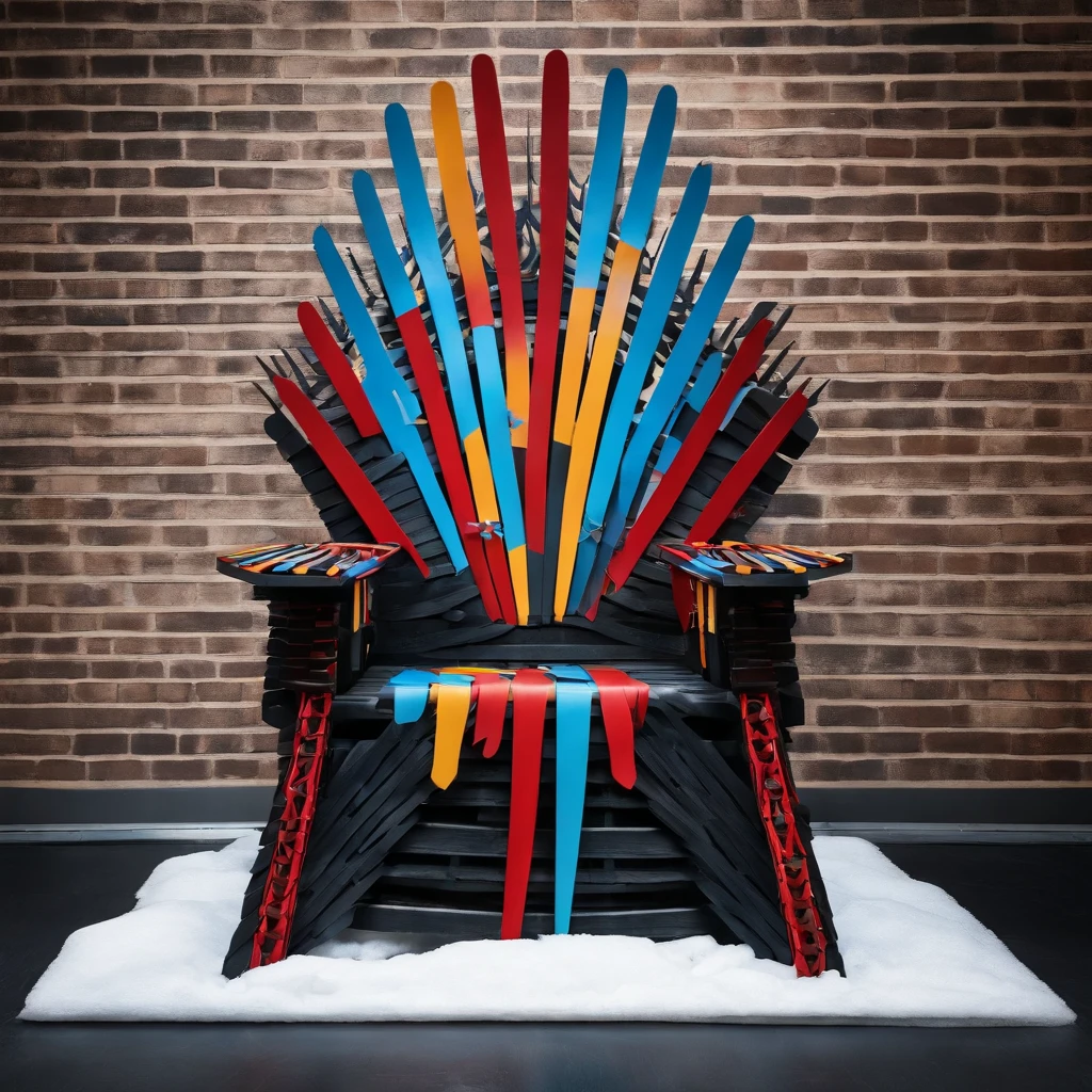 Image of the Iron Throne made of ice hockey sticks instead of swords