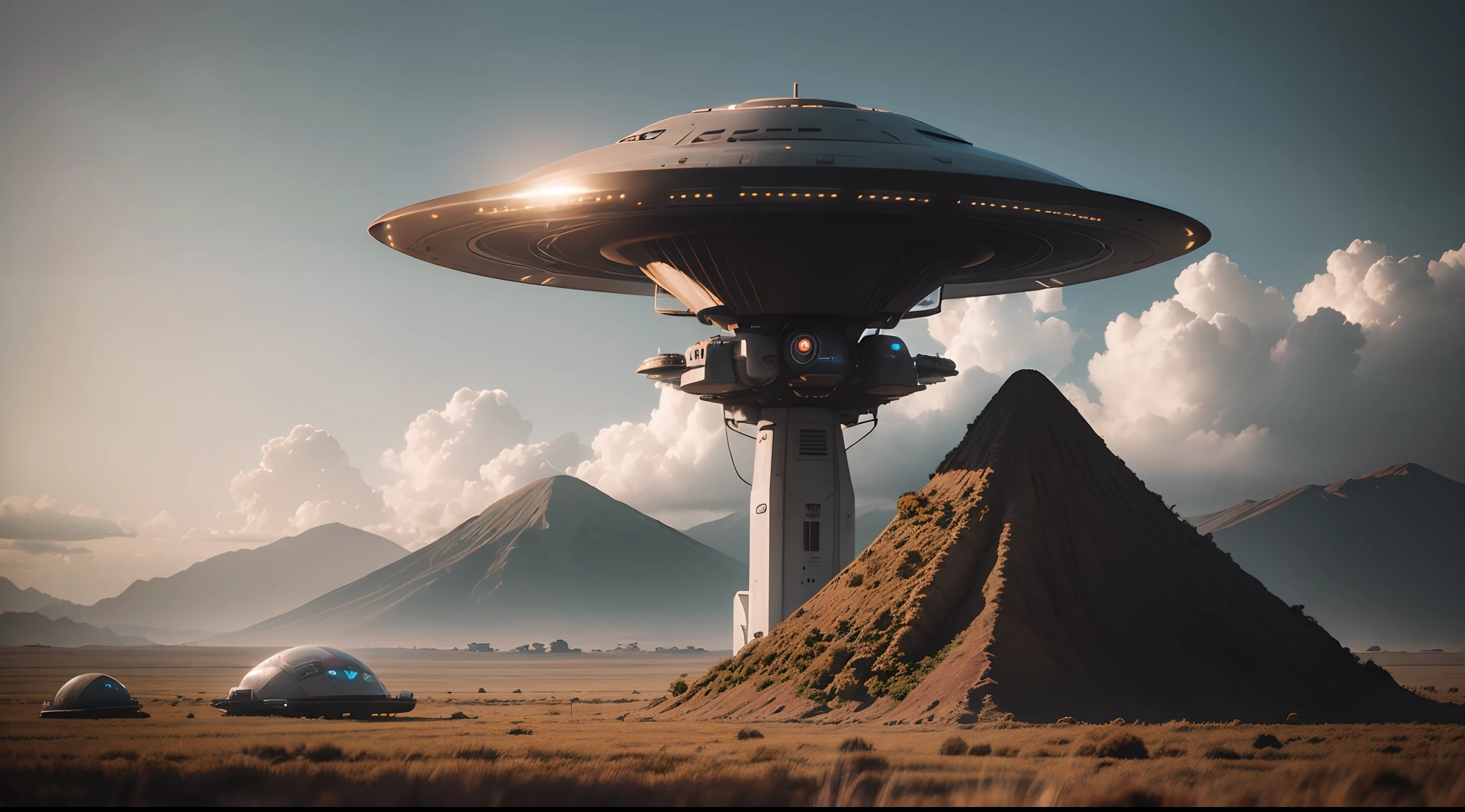(Alien Frisbee Flies Over Field in Gray Afternoon, oscura, Creepy) VFX surrealista altamente detallado，OC renderizado，Disparo con 70 mm - AR 16:9 --q 2 --s 1000 nave espacial disco volador metalizado VFX surrealista altamente detallado 16K，OC renderizado, Cinnamatographic lighting, se posa en el campo, cinematography lighting, tarde gris oscura (The spaceship is perched on the ground, Metallic Frisbee Landed), (UFO aterrizado) (Hyper-realistic image in ultra-high definition of details)