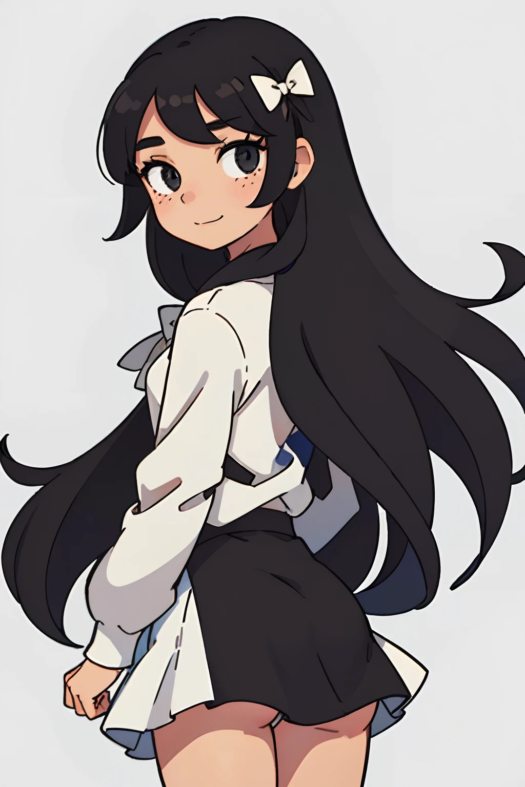 (best-quality:0.8), (best-quality:0.8), tan skin, long black hair, straight hair, brown eyes, eyelashes, modest, feminine, freckles, petite, flirty eyes, white bow, slight smile, white sweater, black skirt, view from behind, butt