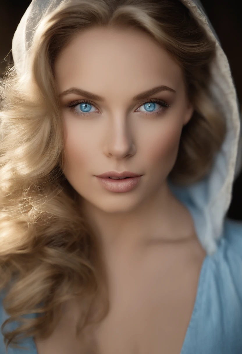 ((light brown/dirty blonde, female, blue eyes with hazel center, medium lips, round face, upturned but not very small nose, slightly hooded eyes))