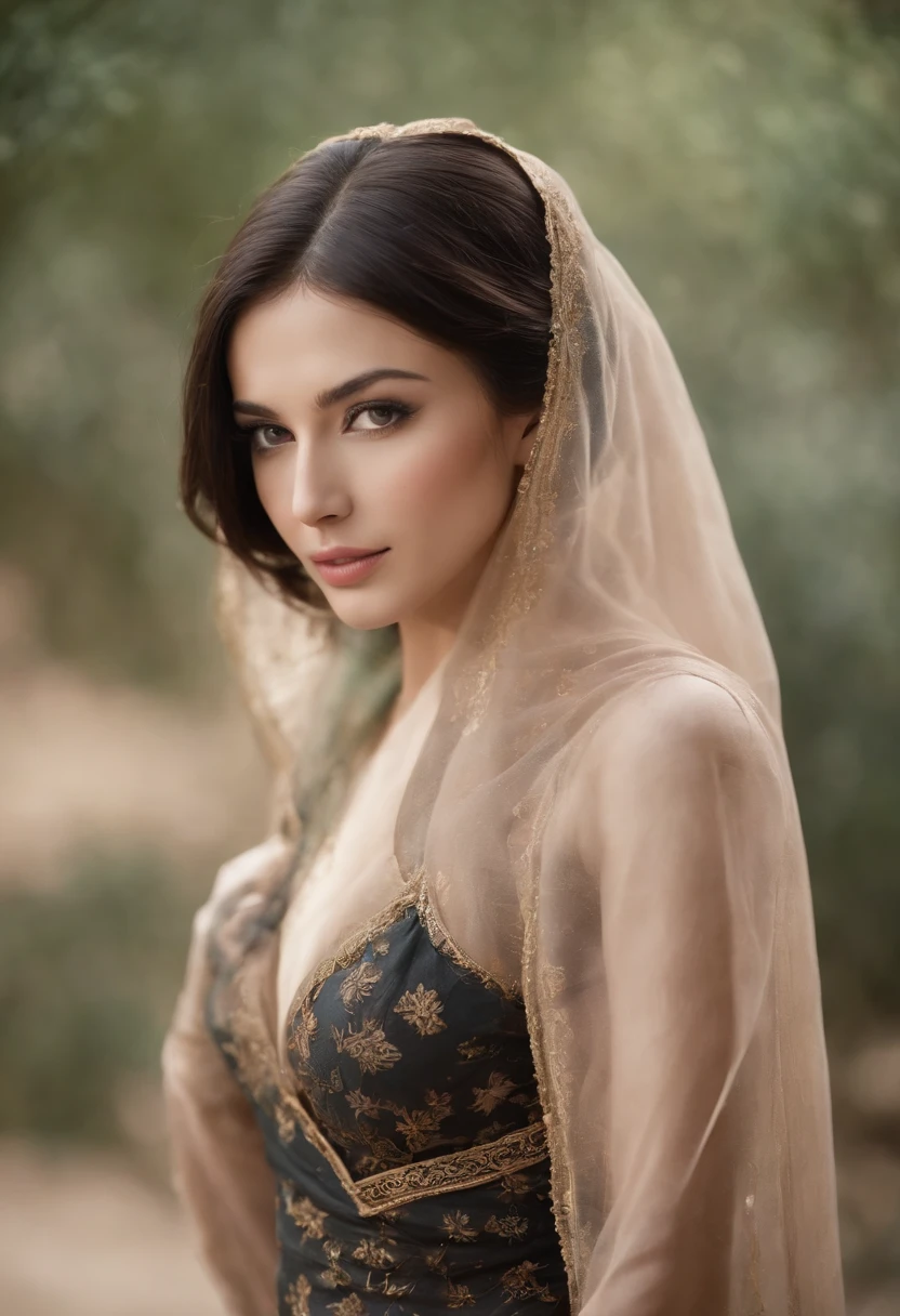 A dark-haired、Medieval Arabian costume、exotic、Female, 26 years old、Strong-minded face、Beautie、Slender with big breasts、The mouth is hidden by a black veil、Have a tan、Sexy look、Strong men around、bar