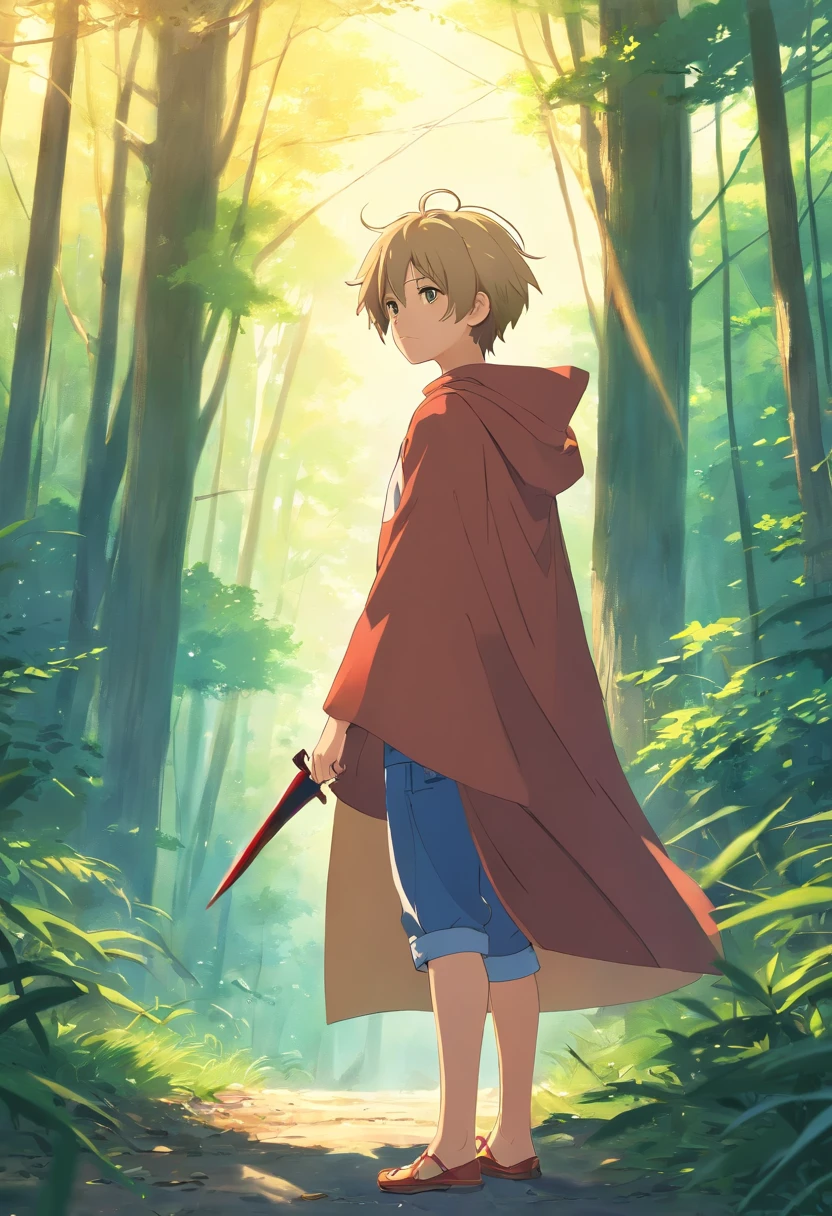 (best quality,Altas:1.2), 1boy, adult, ashy blonde hair, messy hair, short hair, long cape, brown eyes, cape, fantasy, forest
