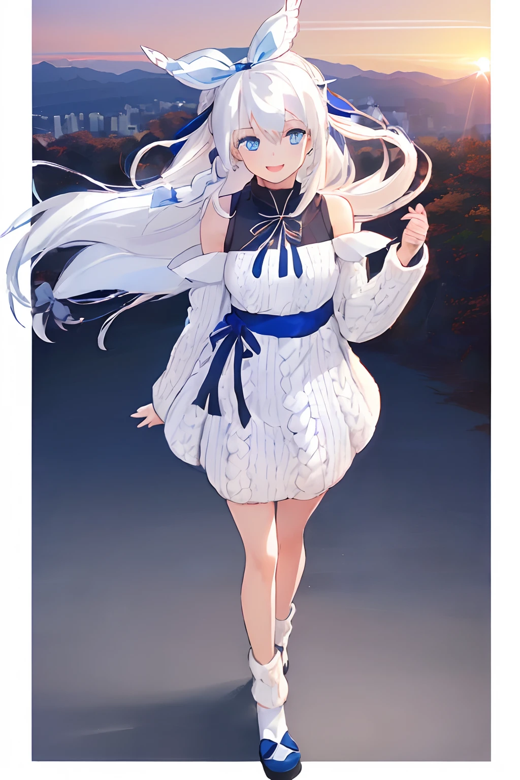 ((((1 girl)))), ((((solo)))), fullbody, ((((white hair)))), long hair, ((((blue hairribbon)))), ((((blue eyes)))), happy, smile, 18 year old, dynamic angle, Cold-Shoulder Sleeves, (((knit))),  Hip Length, sleeves_past_wrists, sunset, in the tokyo, Vibrant autumn foliage in the mountains