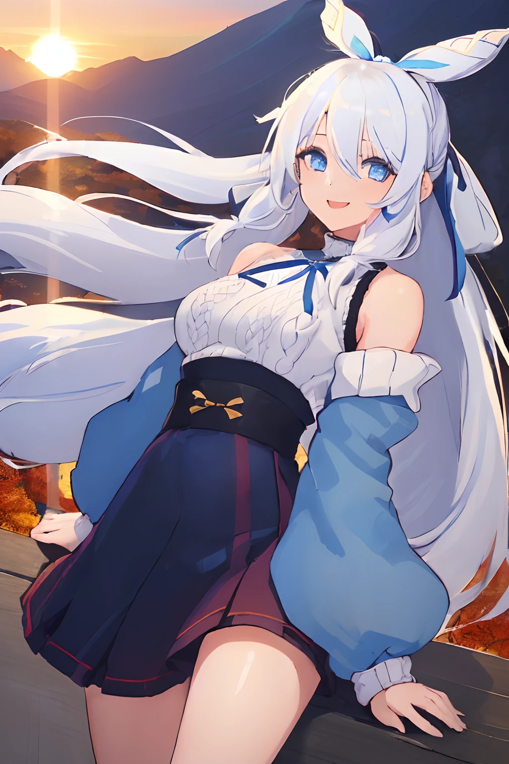 ((((1 girl)))), ((((solo)))), fullbody, ((((white hair)))), long hair, ((((blue hairribbon)))), ((((blue eyes)))), happy, smile, 18 year old, dynamic angle, Cold-Shoulder Sleeves, (((knit))),  Hip Length, sleeves_past_wrists, sunset, in the tokyo, Vibrant autumn foliage in the mountains