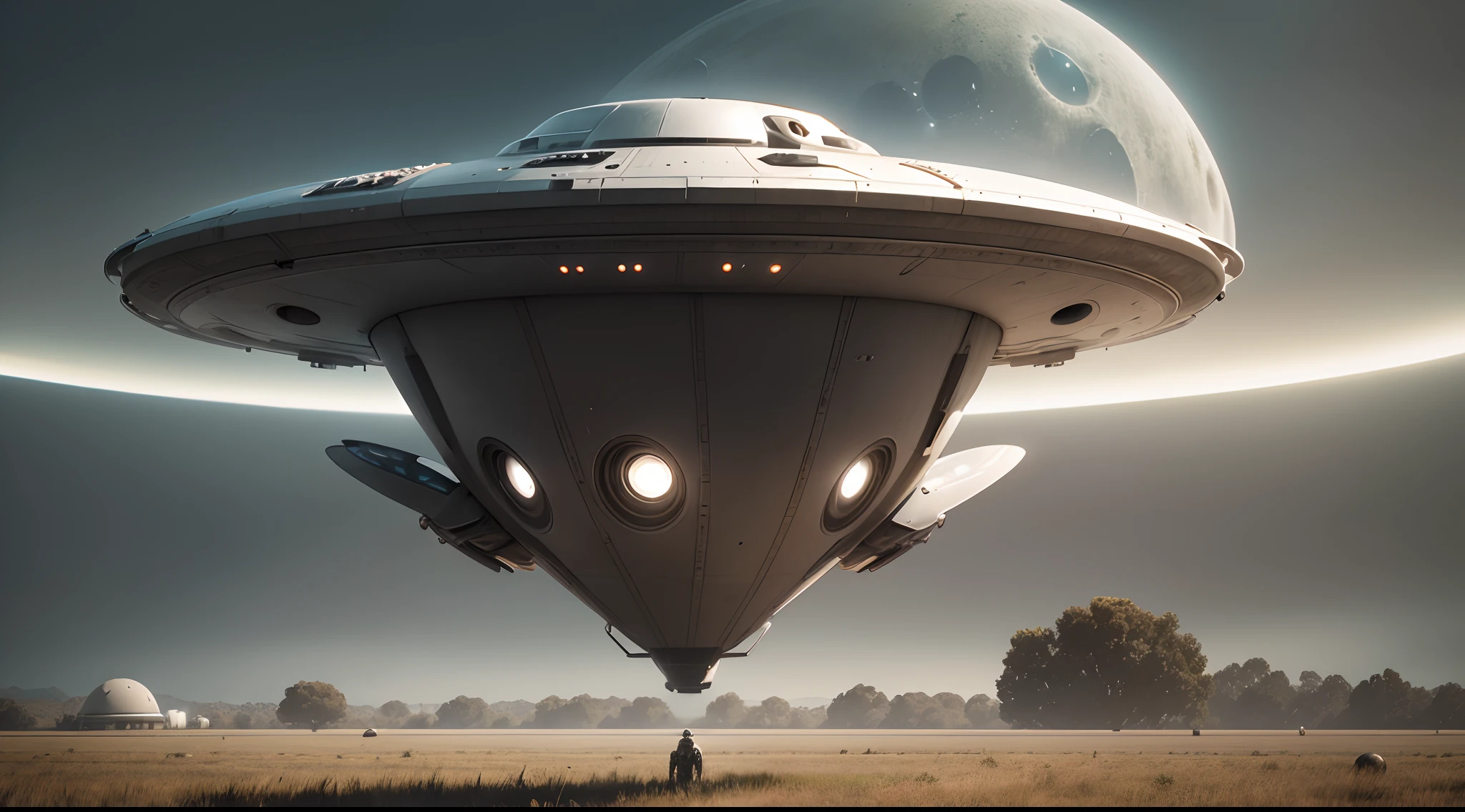 (Alien Frisbee Flies Over Field in Gray Afternoon, oscura, Creepy) VFX surrealista altamente detallado,OC renderizado,Disparo con 70 mm - AR 16:9 --q 2 --s 1000 nave espacial disco volador metalizado VFX surrealista altamente detallado 16K,OC renderizado, Cinnamatographic lighting, se posa en el campo, cinematography lighting, tarde gris oscura (The spaceship is perched on the ground, Metallic Frisbee Landed), (UFO aterrizado) (imagen hiper realista)