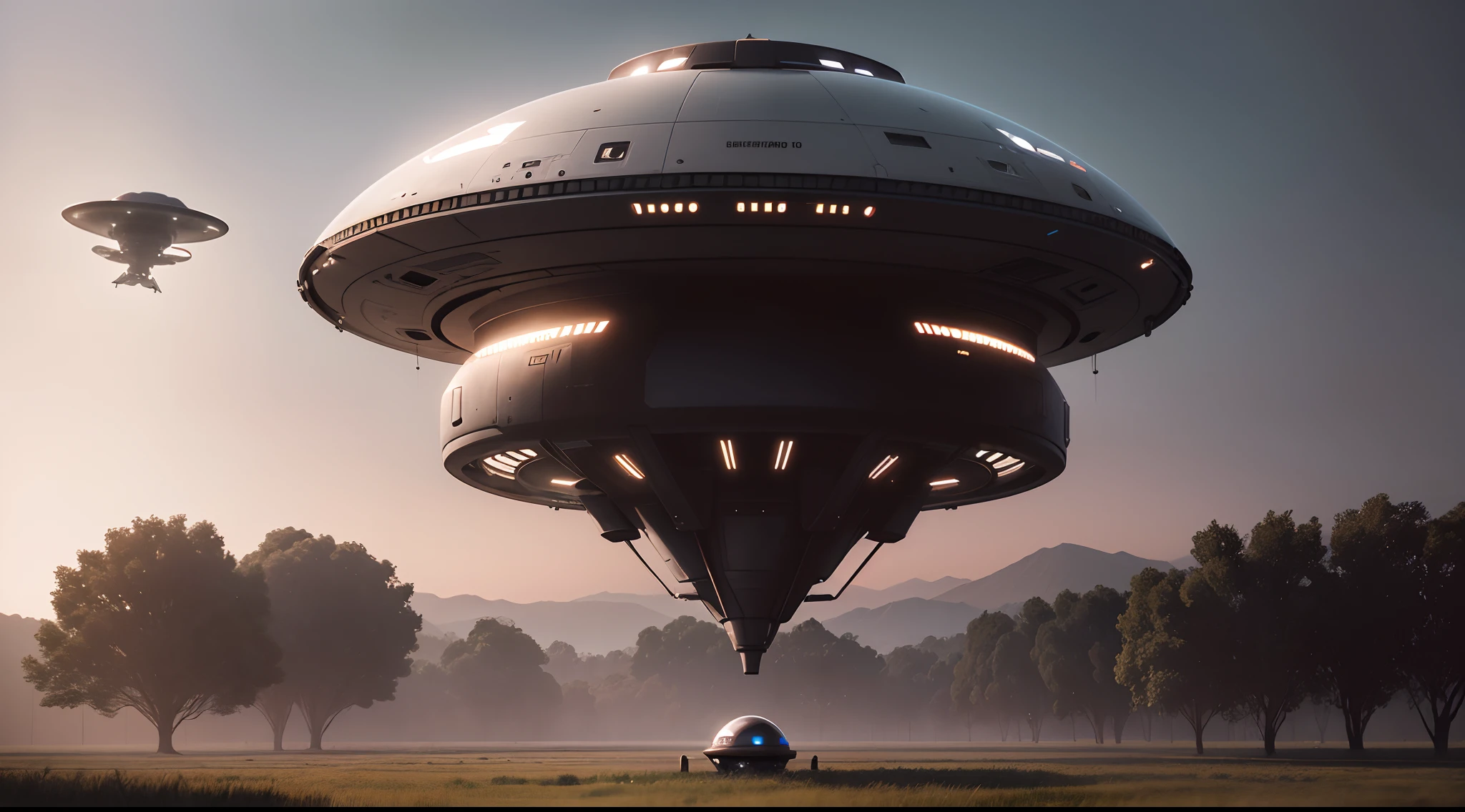 (Alien Frisbee Flies Over Field in Gray Afternoon, oscura, Creepy) VFX surrealista altamente detallado,OC renderizado,Disparo con 70 mm - AR 16:9 --q 2 --s 1000 nave espacial disco volador metalizado VFX surrealista altamente detallado 16K,OC renderizado, Cinnamatographic lighting, se posa en el campo, cinematography lighting, tarde gris oscura (The spaceship is perched on the ground, Metallic Frisbee Landed), (UFO aterrizado) (imagen hiper realista)