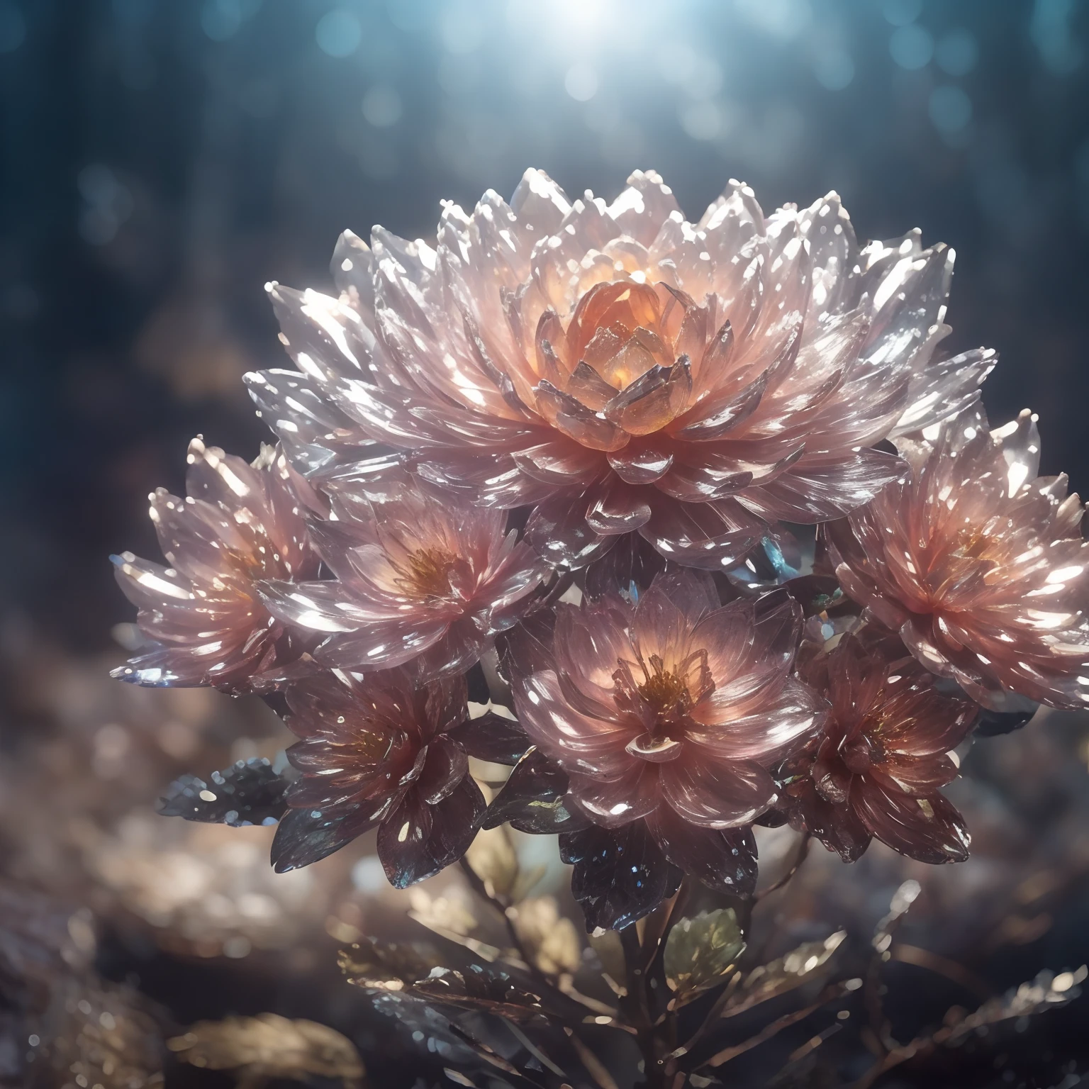 crystal blossom flower,
fantasy, galaxy, transparent, 
shimmering, sparkling, splendid, colorful, 
magical photography, dramatic lighting, photo realism, ultra-detailed, 4k, Depth of field, High-resolution