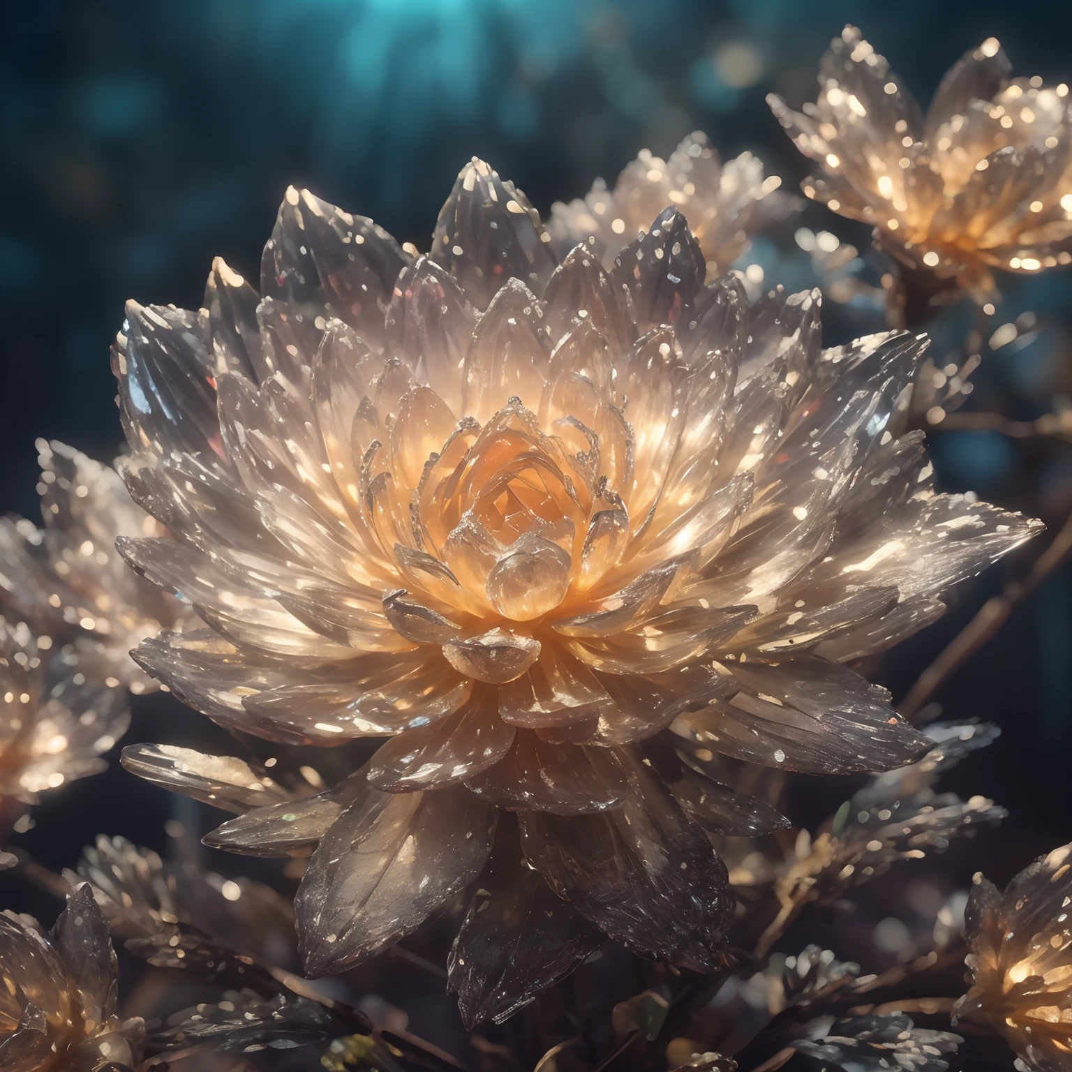 crystal blossom flower,
fantasy, galaxy, transparent, 
shimmering, sparkling, splendid, colorful, 
magical photography, dramatic lighting, photo realism, ultra-detailed, 4k, Depth of field, High-resolution