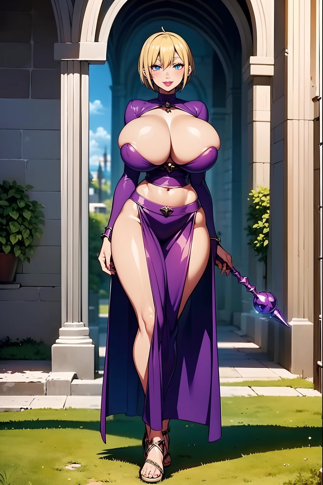 ,bimbo, slim waits, short hair, lipstick, wide hips, huge breasts, , huge breasts, milf,blonde hair, short hair, lipstick, makeup, , (blue eyes), perfect eyes, earrings, smiling, blushing, walking,*priestess, pullover, , walking flipflops, long skirt, medieval clothing, solo, floral crow, staff, wizard, full body, flipflops, medieval village, long robo, long skirt, big skirt, pants