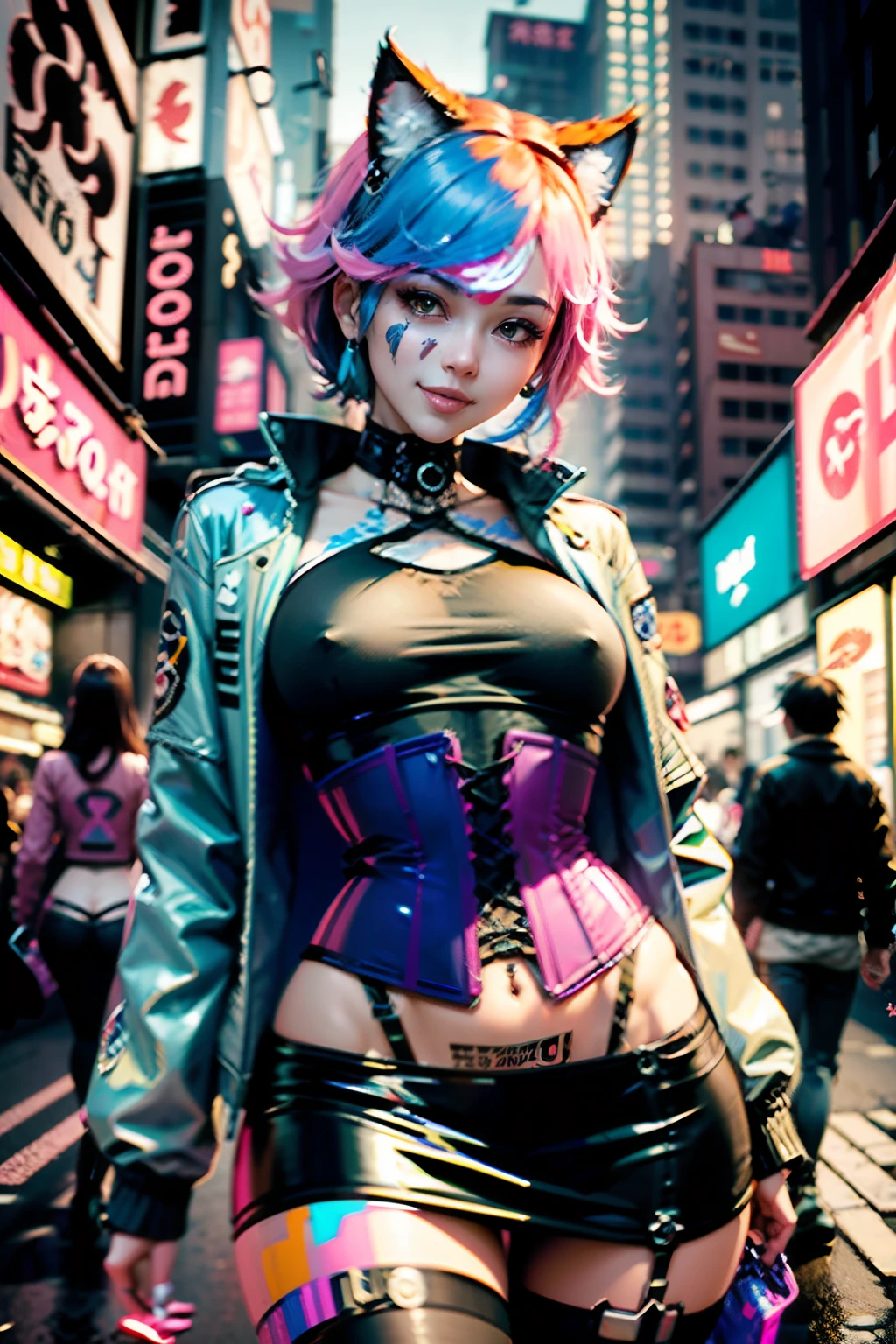 anime - style image of two ((cyberpunk women with pink and blue hai)), small booty dressed in ((Harajuku corset and jacket)), smiling pose in Akihabara at night for a foto shooting, wlop and sakimichan, attractive cat girl, artwork in the style of guweiz, fantasy art style, 2. 5 d cgi anime fantasy artwork, fanart best artstation, by Yang J, trending on cgstation, wlop and ross tran, guweiz