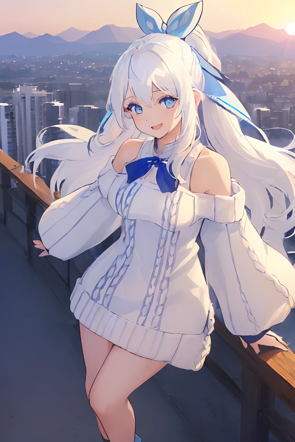 ((((1 girl)))), ((((solo)))), fullbody, ((((white hair)))), long hair, ((((blue hairribbon)))), ((((blue eyes)))), happy, smile, 18 year old, dynamic angle, Cold-Shoulder Sleeves, (((knit))),  Hip Length, sleeves_past_wrists, sunset, in the tokyo, Vibrant autumn foliage in the mountains