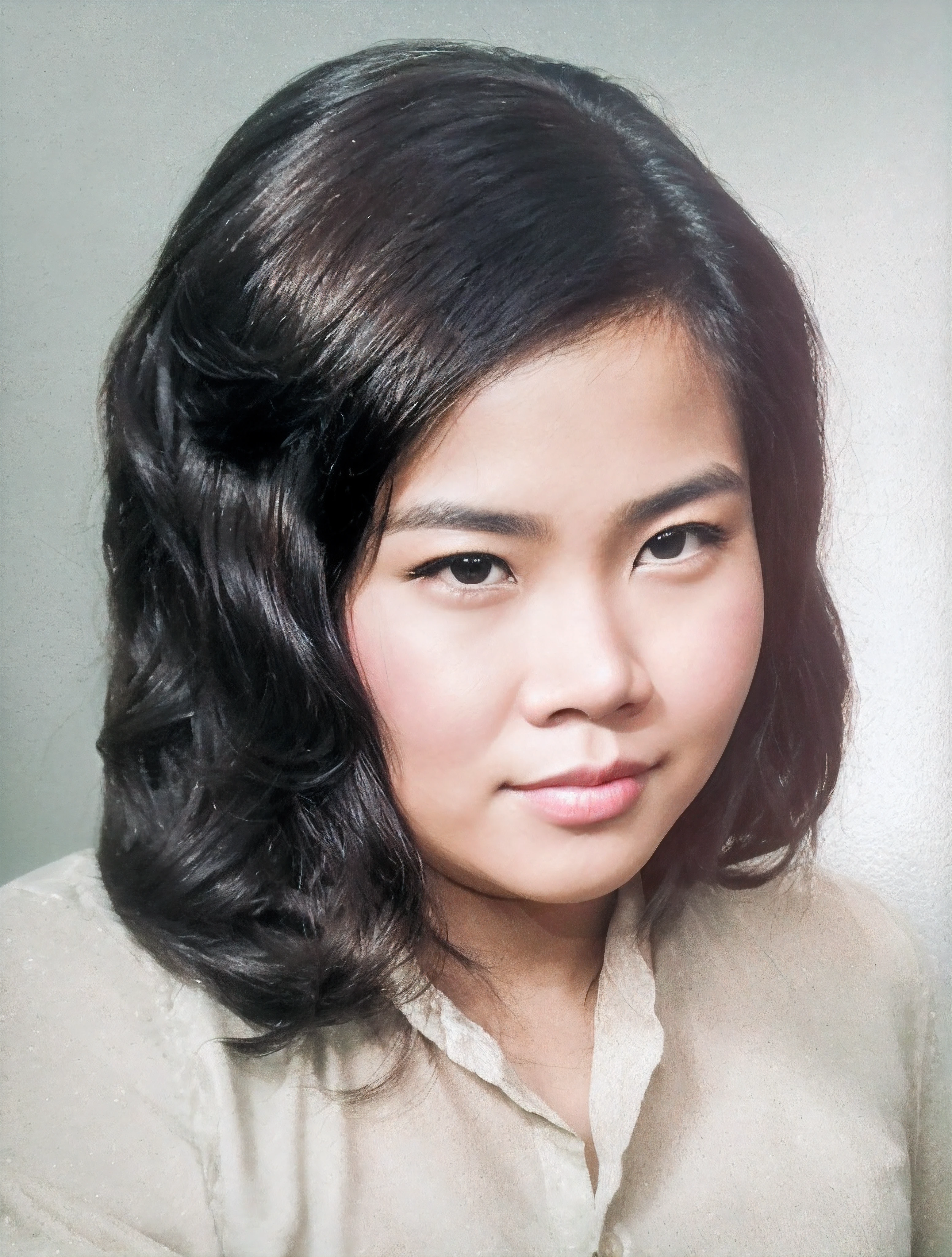 There is a young Filipino woman in her 20s with very long dark brown hair, olhos pretos, pele clara, cream-colored button-down shirt with bare collar, Foto RAW, amazing photography, melhor qualidade, 8k, alta qualidade, ultra detalhado, (melhor qualidade), (pele altamente detalhada, Afiado completo:1.2), 8k UHD, DSLR, Rosto detalhado