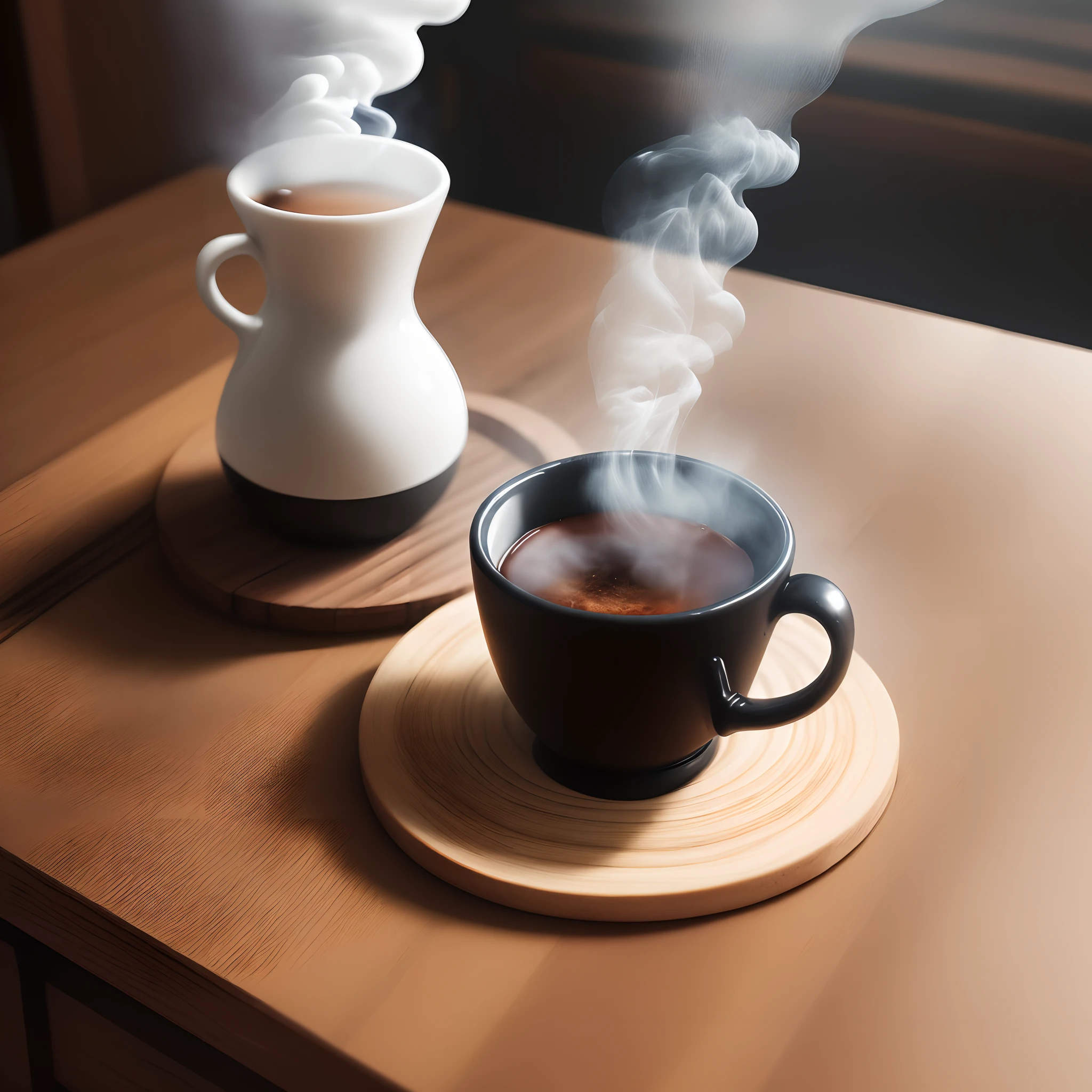 Cup of black coffee coming out smoke on top of a wooden table