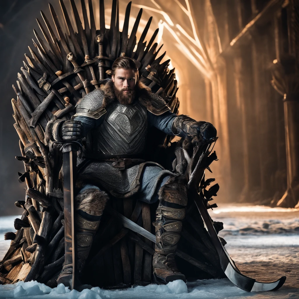 Image of an ice hockey player on the Iron Throne made of ice hockey sticks instead of swords