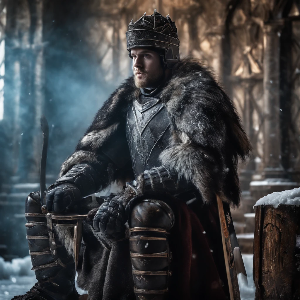 Image of an ice hockey player on the Iron Throne made of ice hockey sticks instead of swords
