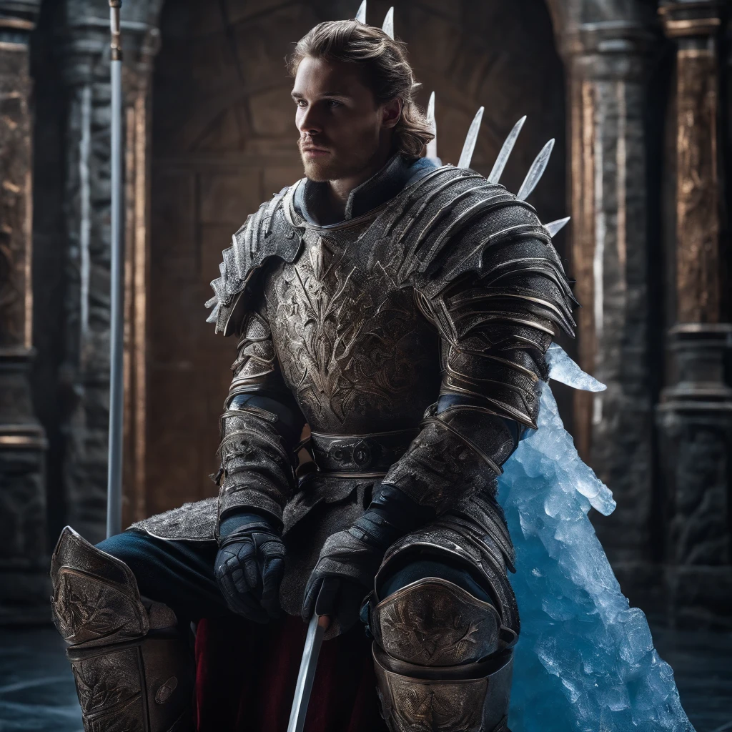 Image of an ice hockey player on the Iron Throne made of ice hockey sticks instead of swords