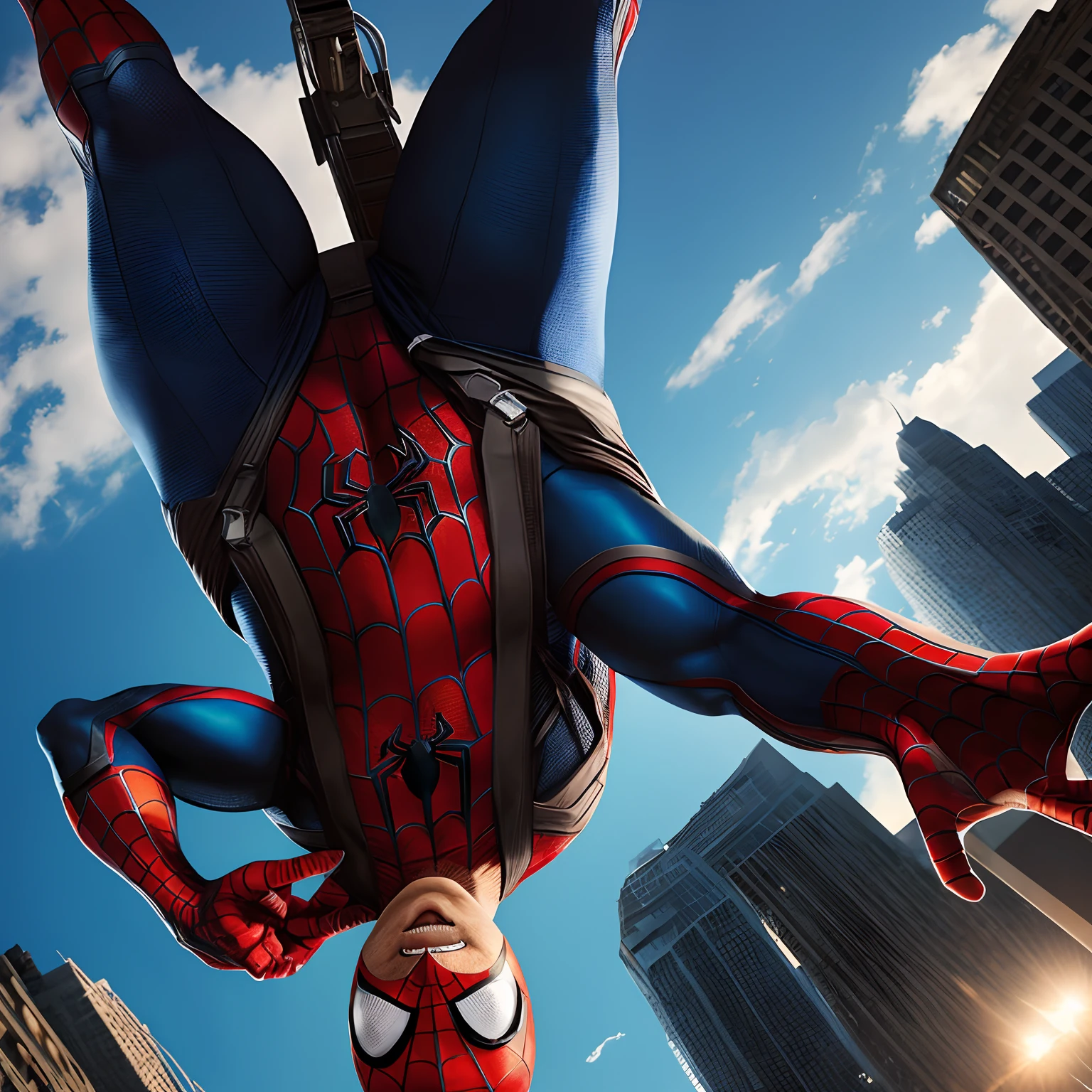 Spider-Man that is hanging upside down by his webs with his mask off. He has brown hair and brown eyes. He has a really big scar that goes across his right eye.