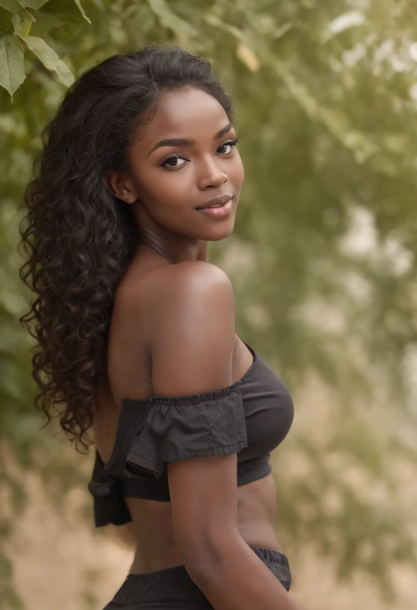best quality, high detail, (detailed face), detailed eyes,((best quality, masterpiece)), ((2 caramel skinned African girl)), bra, (arms at side:1.2), groin,big hip bones, ponytail, black hair, (((underboob))), standing, outdoors, facing side ways