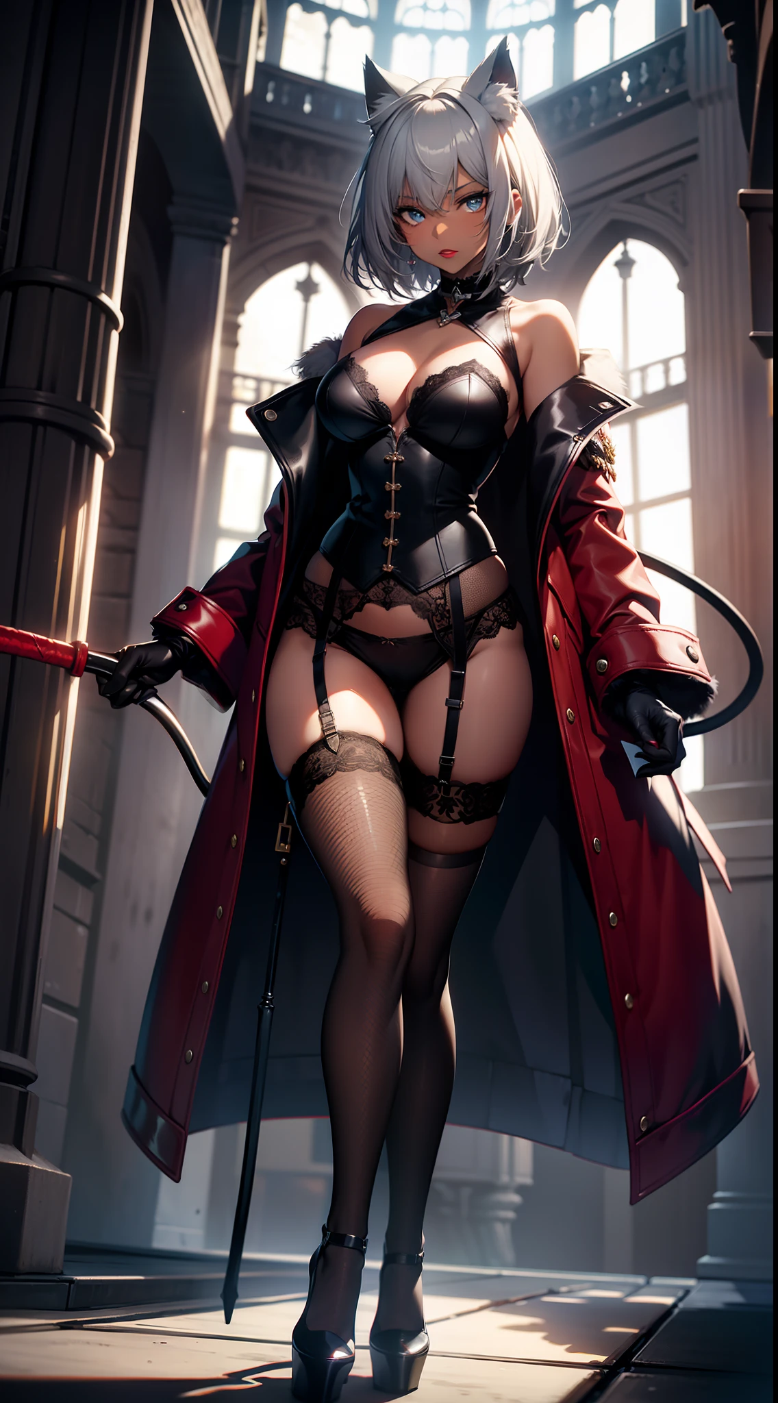 masterpiece,(bestquality),highlydetailed,ultra-detailed, dark, solo, expressionless,dark skin, blue eyes, short hair, silver hair, white hair, busty, shy, modest, inexperienced, cat ears, (black hair), (revealing outfit), (thigh-high stockings), (high heels), (garter belt), (choker), (lace), (fishnet), (whips), (leather gloves), (red lipstick), (seductive gaze)