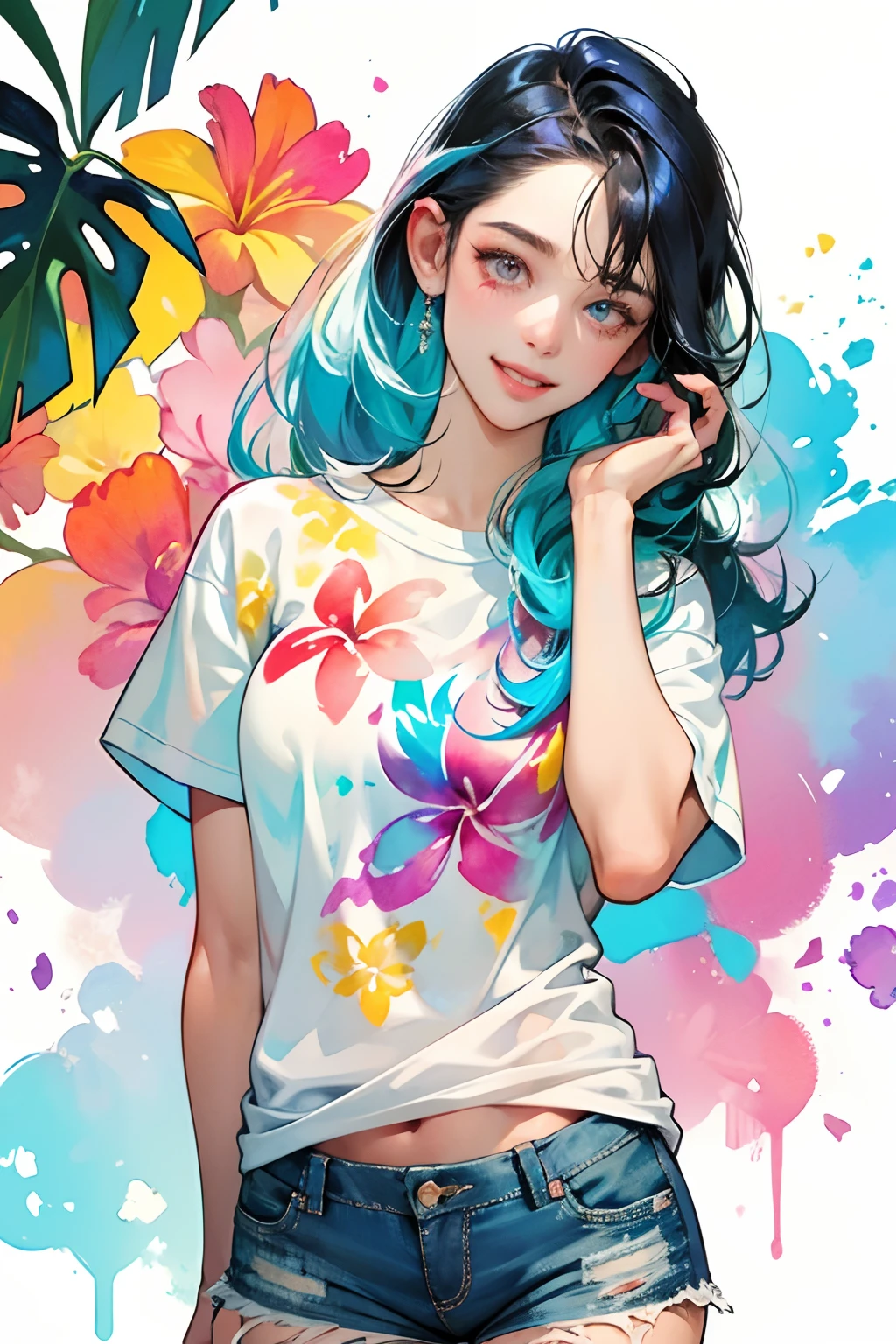 a Plumeria painting with a splatter background and spray paint effect, plumeria flower design t-shirt and jean shorts, upper body centered, multi-color hair, 1 eye closed, big happy smile, watercolor art, watercolor painting, watercolor painting style, watercolor detailed art, by Reuben Tam, watercolor digital painting, watercolor paint, masterfully detailed watercolor, watercolor art, Greg Rutkowski