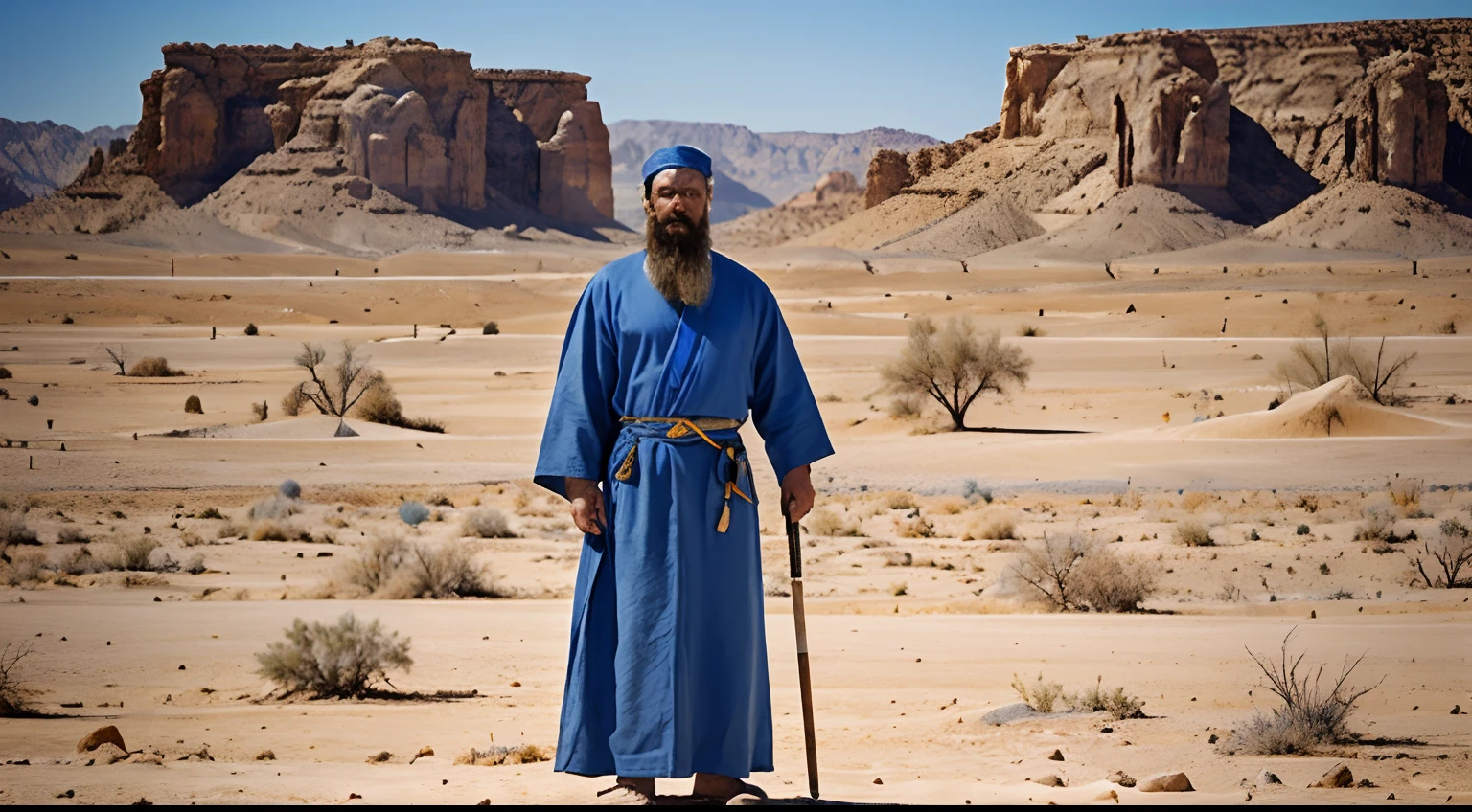 A depiction of Abraham, the biblical man, standing in the desert, wearing ancient robes, with a white beard and a staff in his hands, the clear blue sky and a desert landscape in the background,
