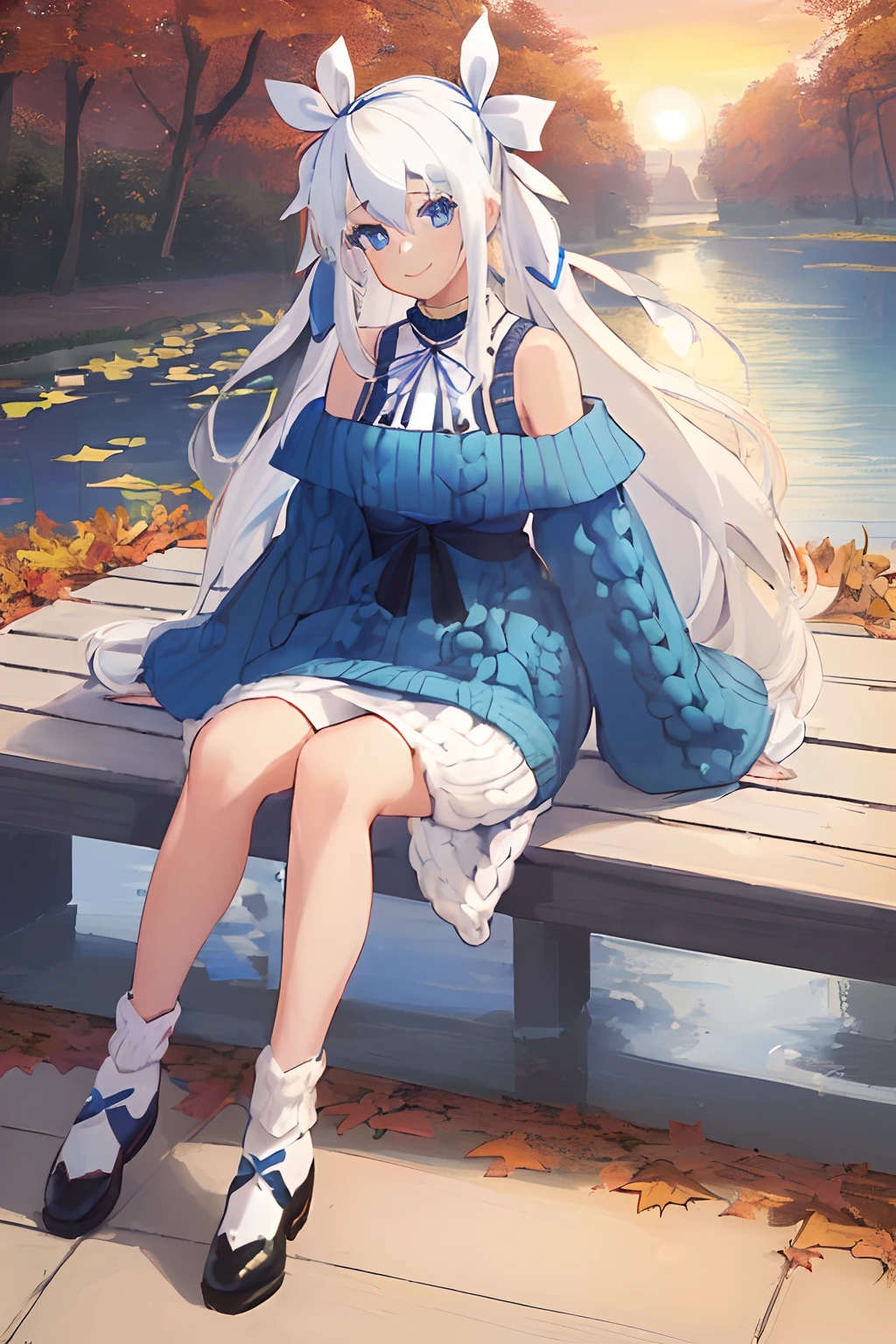 ((((1 girl)))), ((((solo)))), fullbody, ((((white hair)))), long hair, ((((blue hairribbon)))), ((((blue eyes)))), happy, smile, 18 year old, dynamic angle, Cold-Shoulder Sleeves, (((knit))), Hip Length, sleeves_past_wrists, sunset, Charming autumn park with golden leaves and a tranquil pond